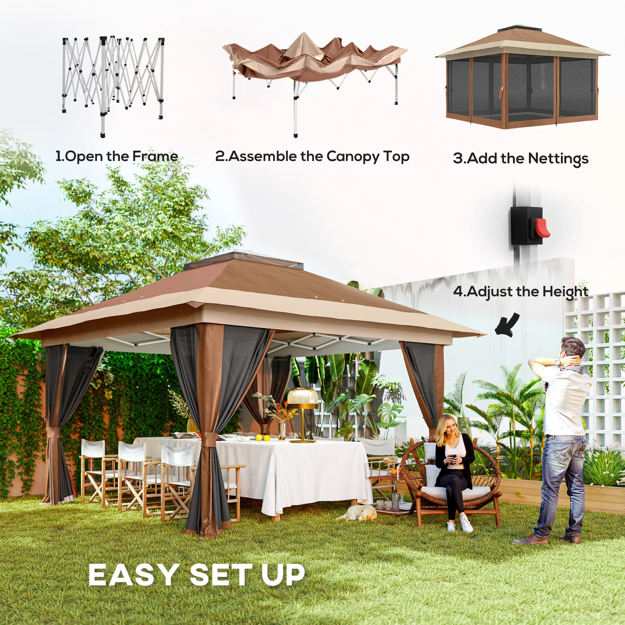 3.6 x 3.6m Pop Up Gazebo with Mesh Sides, Wheeled Carry Bag and Sand Bags, Brown - Image 6