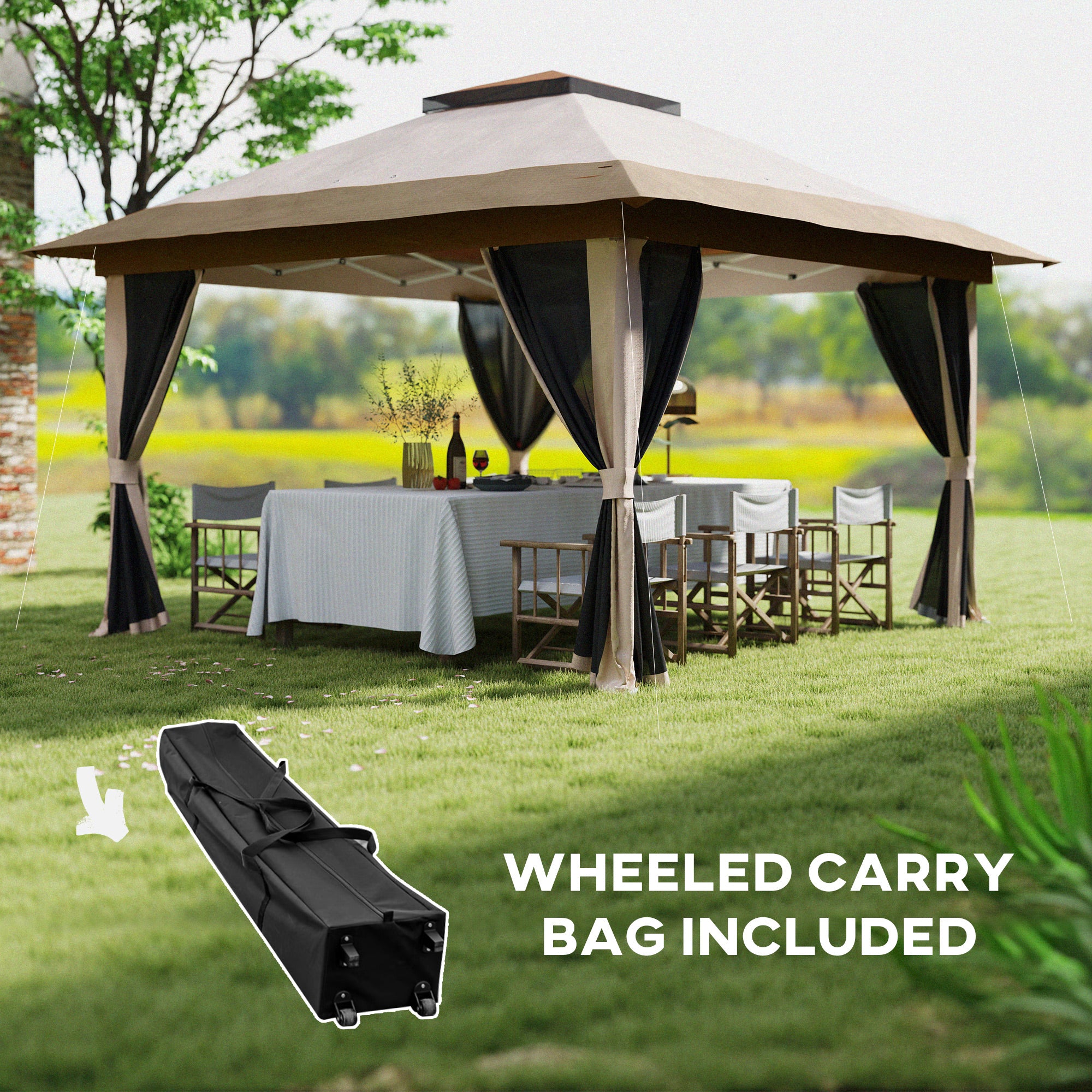 3.6 x 3.6m Pop Up Gazebo with Mesh Sides, Wheeled Carry Bag and Sand Bags, Beige - Image 9
