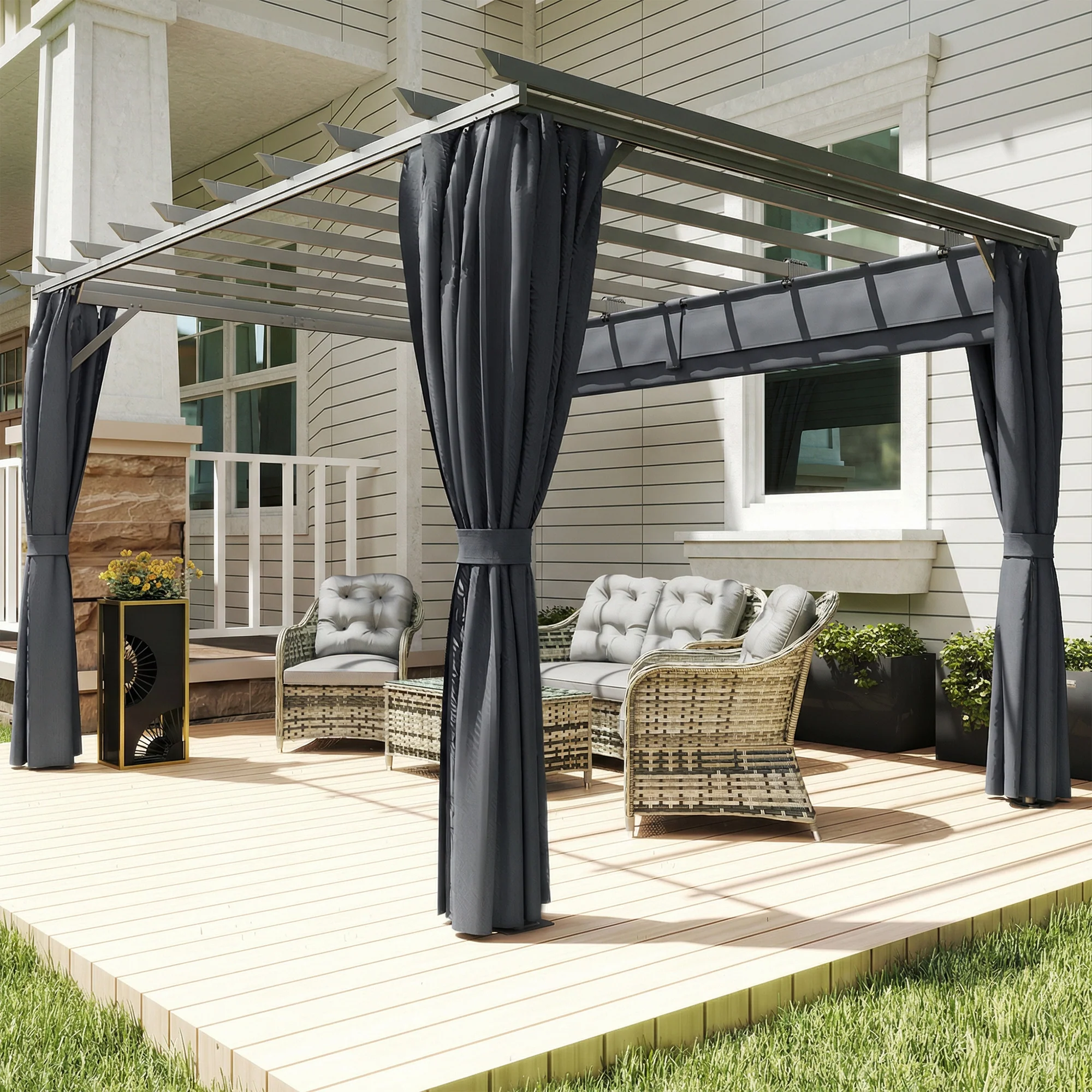 3.6 x 3 m Pergola with Retractable Roof and Curtains, Dark Grey - Image 11