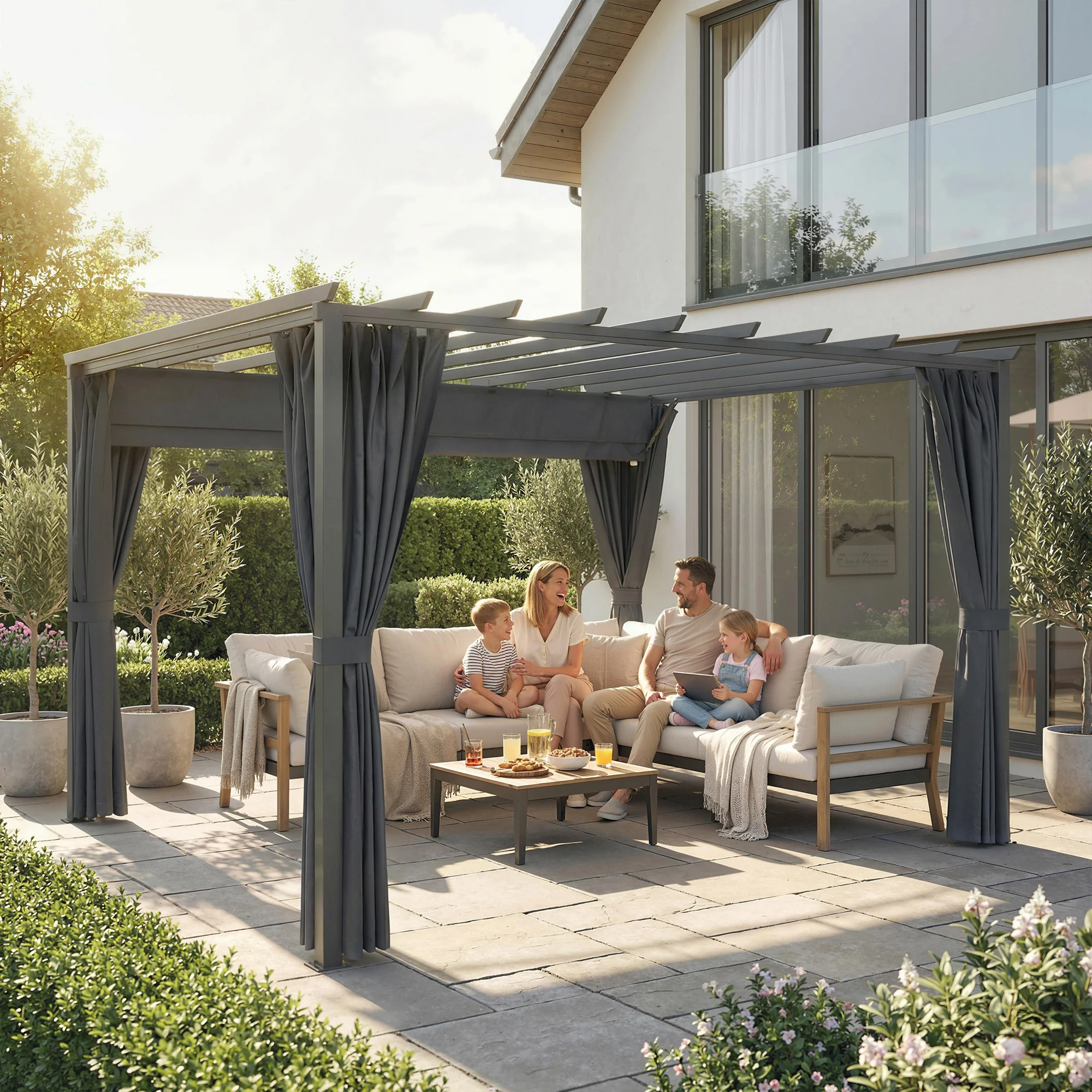 3.6 x 3 m Pergola with Retractable Roof and Curtains, Dark Grey - Image 3