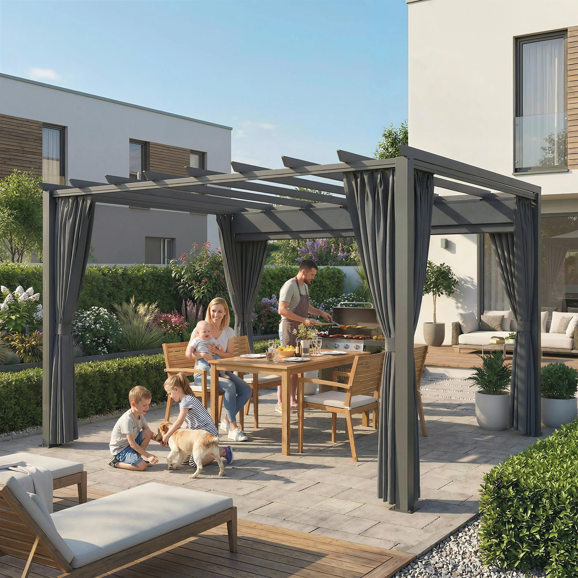 3.6 x 3 m Pergola with Retractable Roof and Curtains, Dark Grey - Image 4