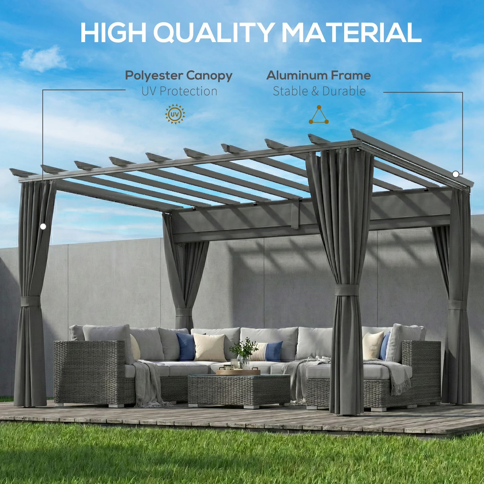 3.6 x 3 m Pergola with Retractable Roof and Curtains, Dark Grey - Image 6