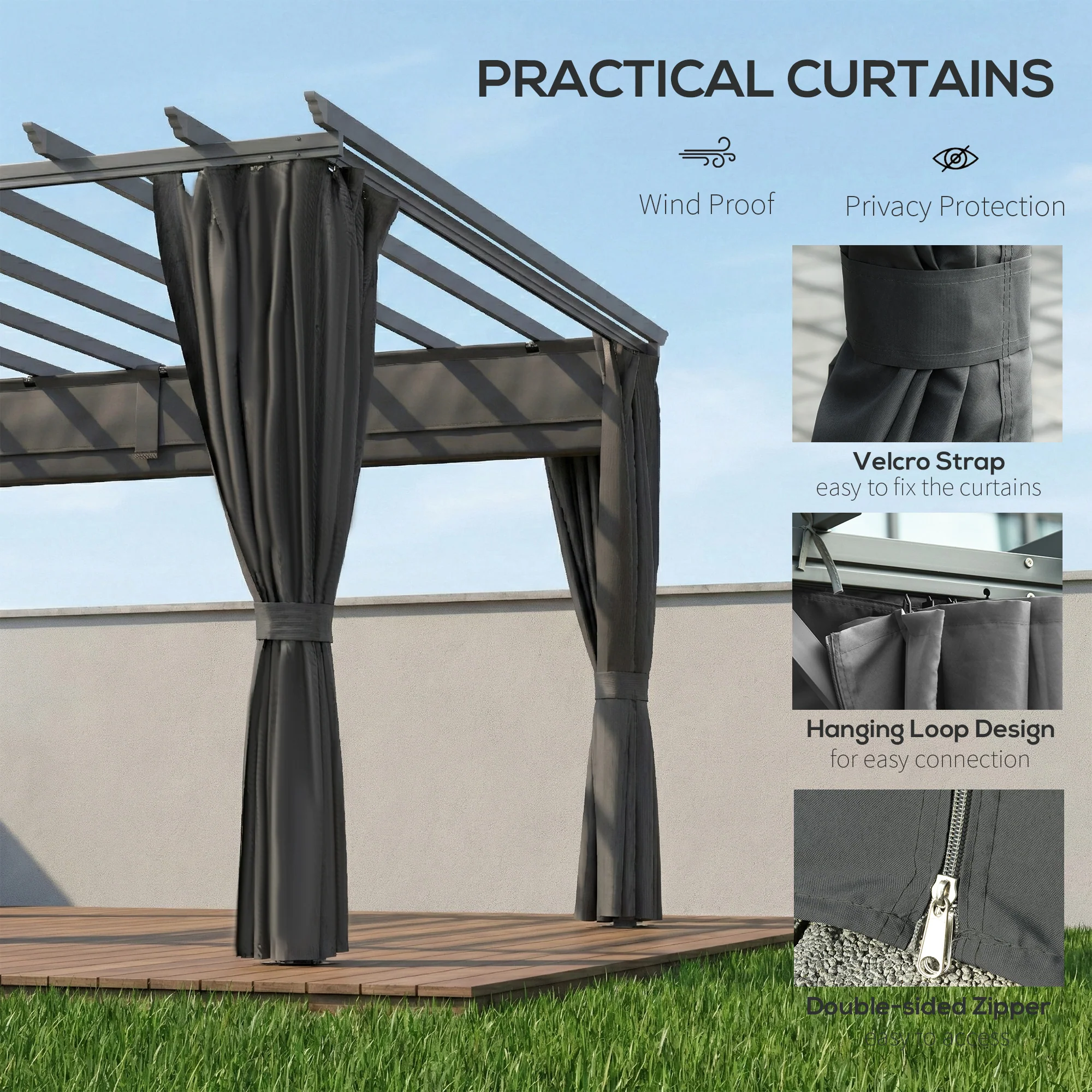 3.6 x 3 m Pergola with Retractable Roof and Curtains, Dark Grey - Image 7
