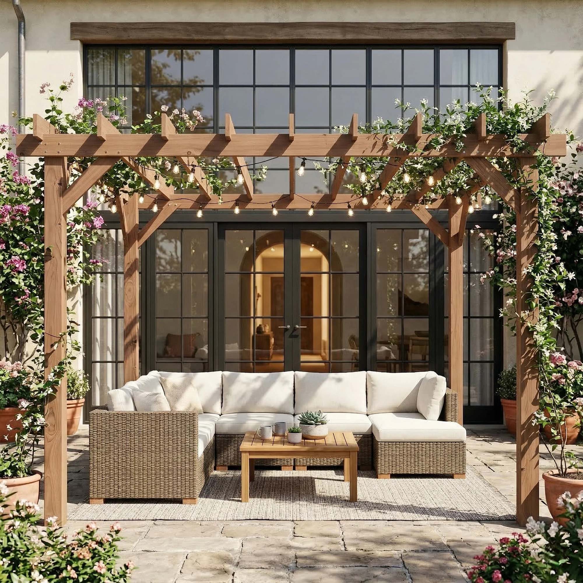 3.6 x 3 m Maple Wood-effect Pergola with Triangle Supports for Climbing Vines - Image 10