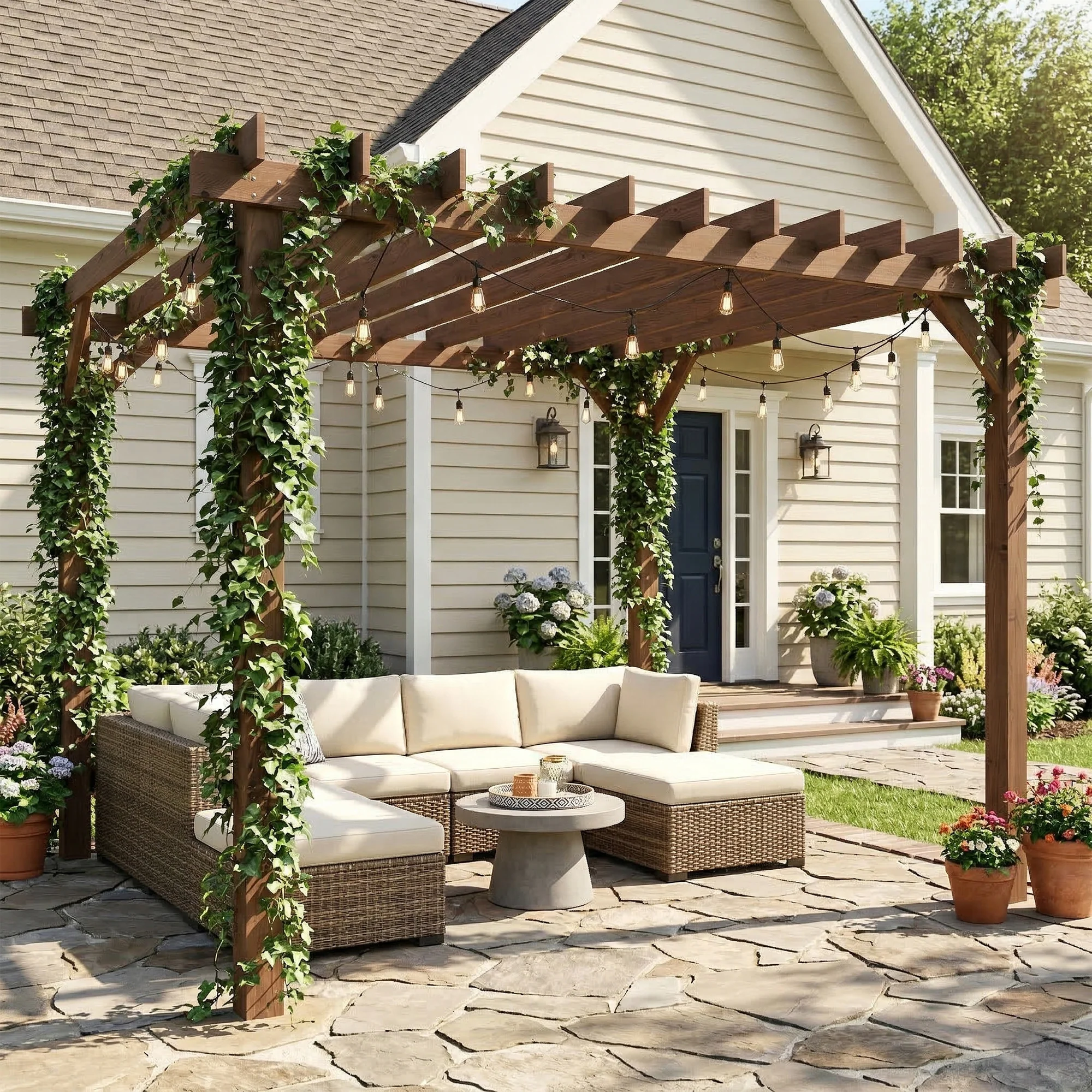 3.6 x 3 m Maple Wood-effect Pergola with Triangle Supports for Climbing Vines - Image 3