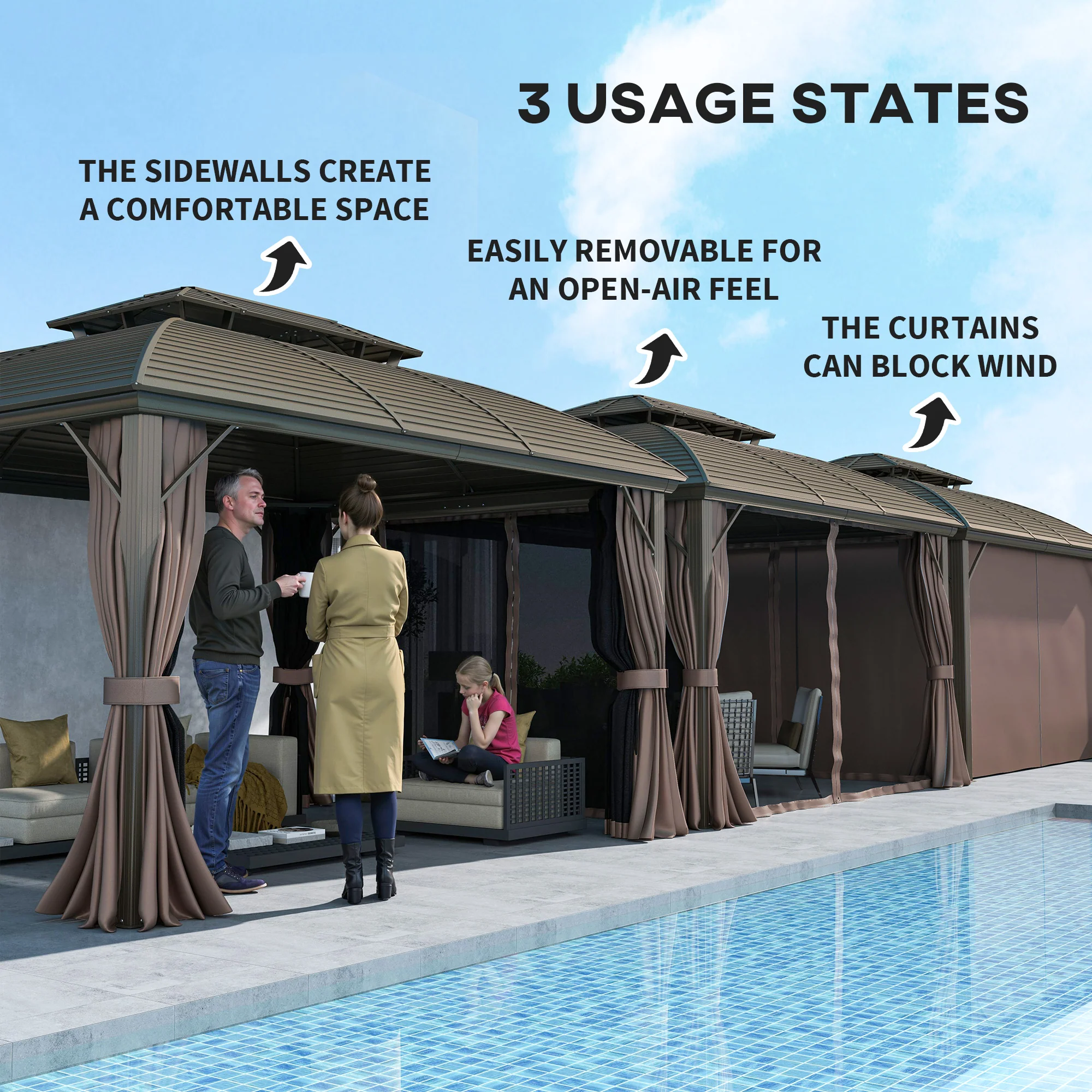 3.65 x 3m Hardtop Steel Gazebo Canopy with Double Roof, Net Sidewalls & Curtains, Coffee - Image 10