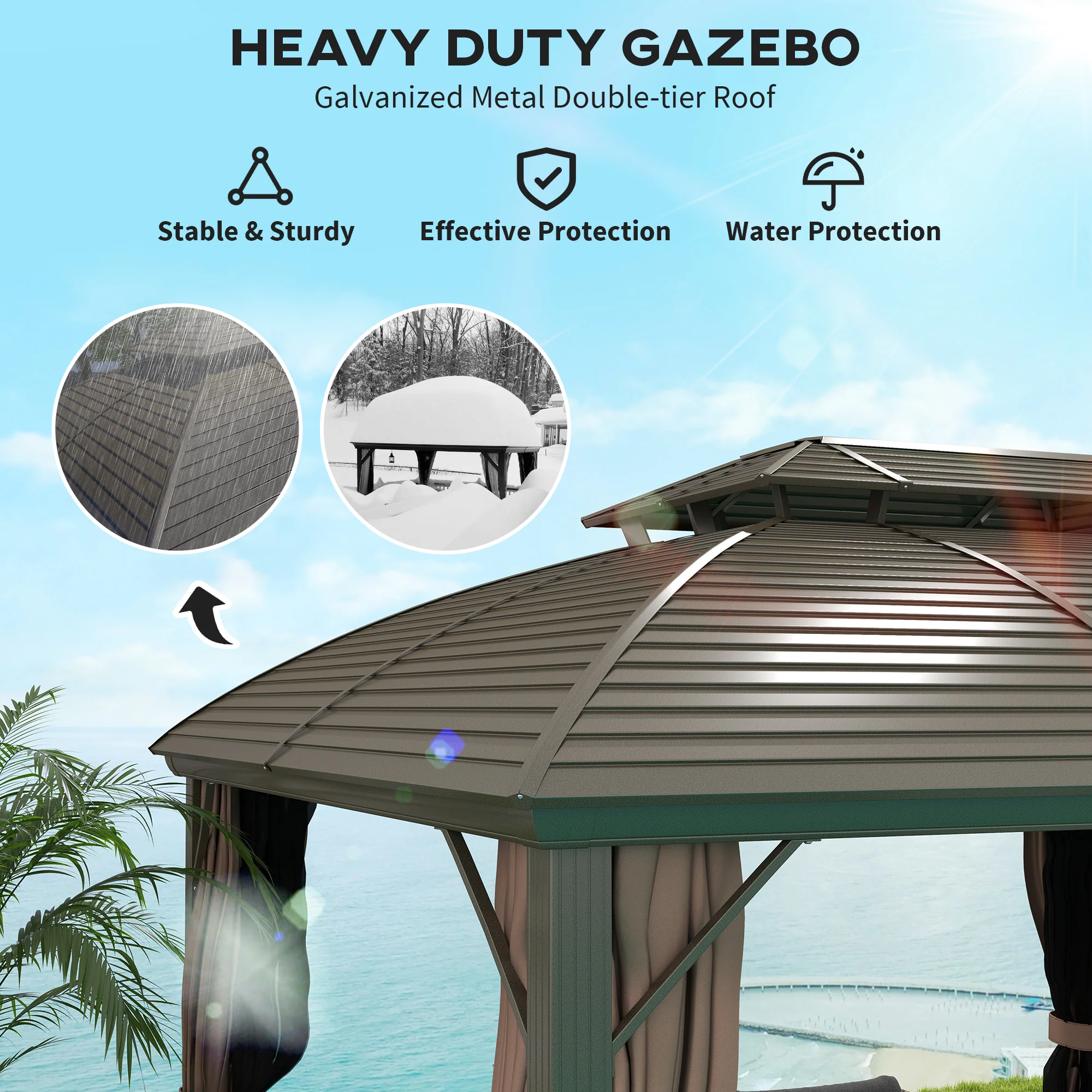 3.65 x 3m Hardtop Steel Gazebo Canopy with Double Roof, Net Sidewalls & Curtains, Coffee - Image 6