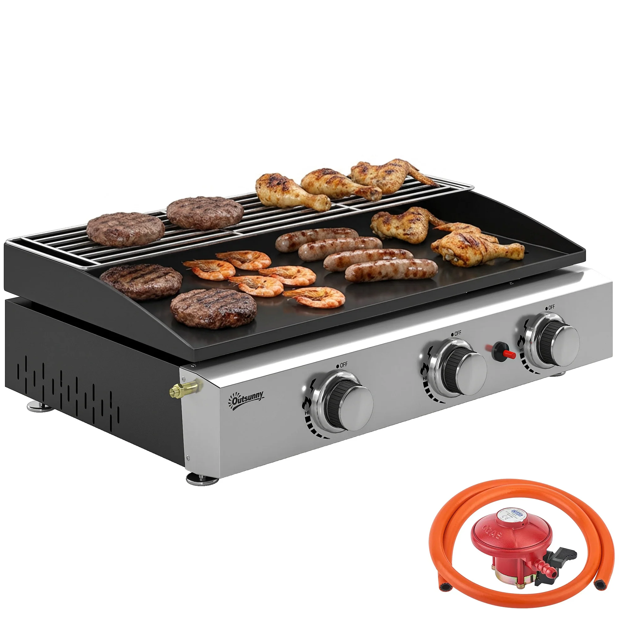 3 Burner Gas Plancha Grill with Warming Rack, 7.5 kW, Black