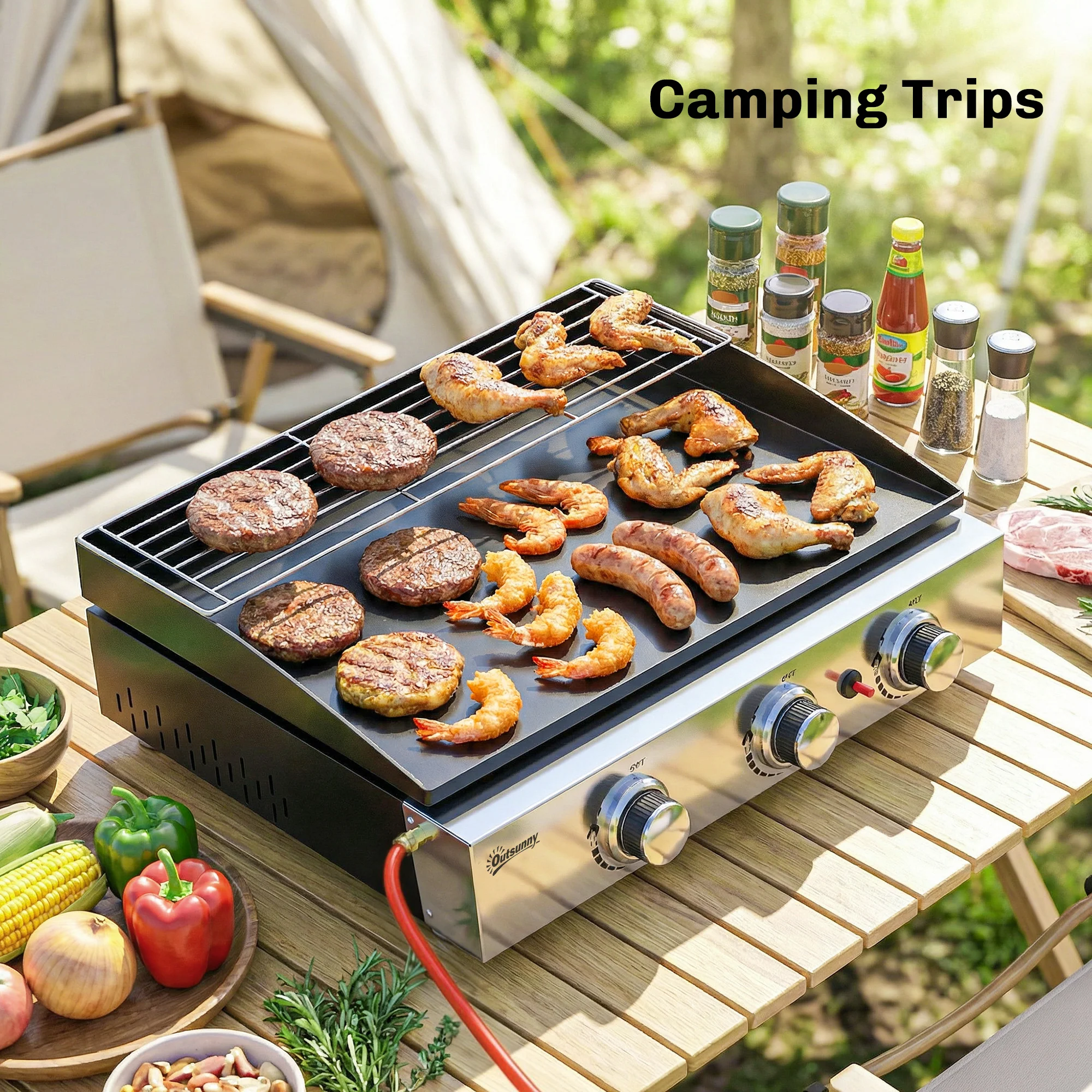 3 Burner Gas Plancha Grill with Warming Rack, 7.5 kW, Black - Image 10