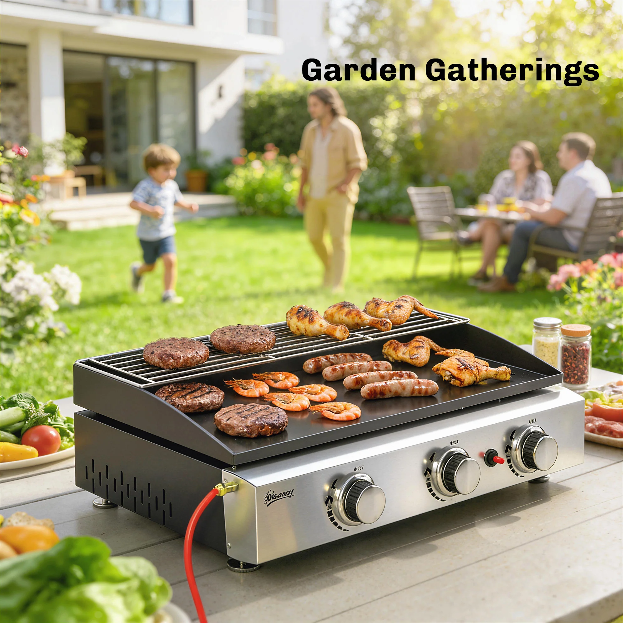 3 Burner Gas Plancha Grill with Warming Rack, 7.5 kW, Black - Image 11