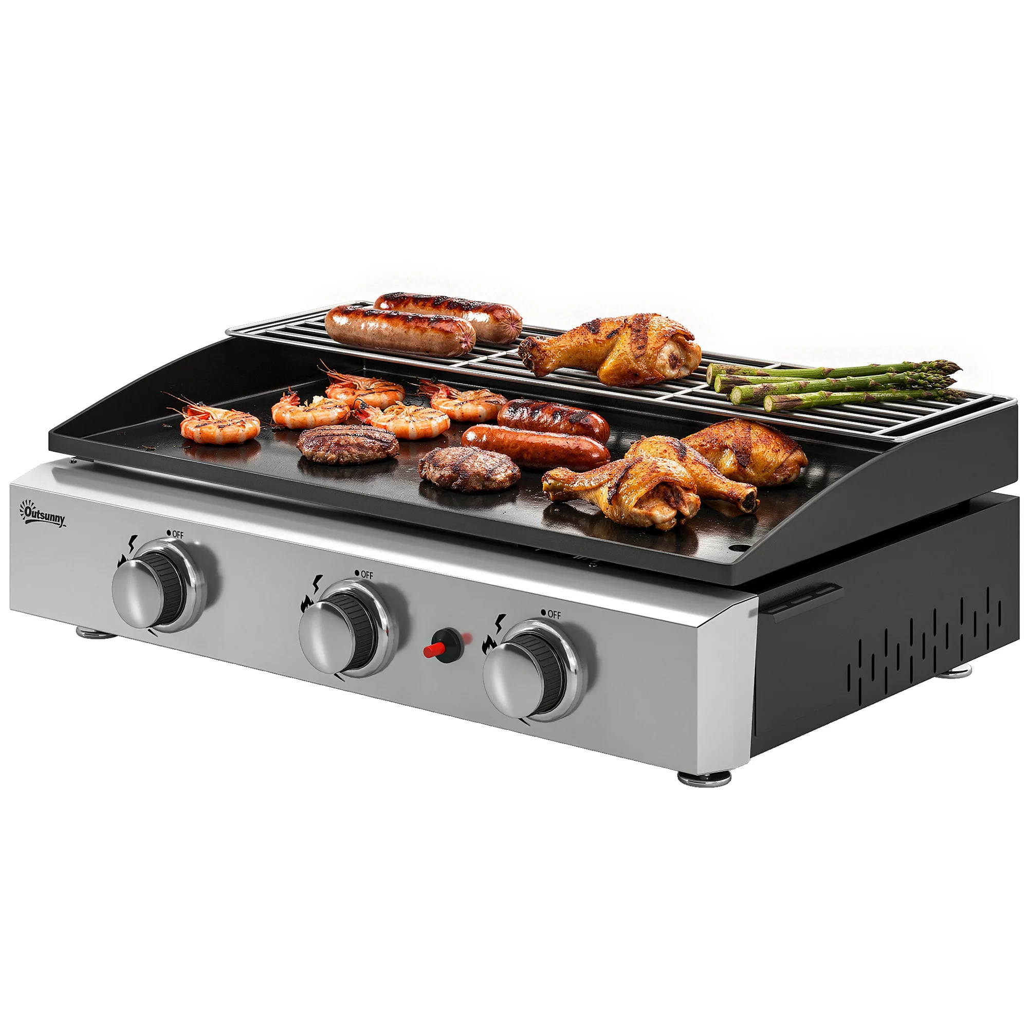 3 Burner Gas Plancha Grill with Warming Rack, 7.5 kW, Black - Image 2