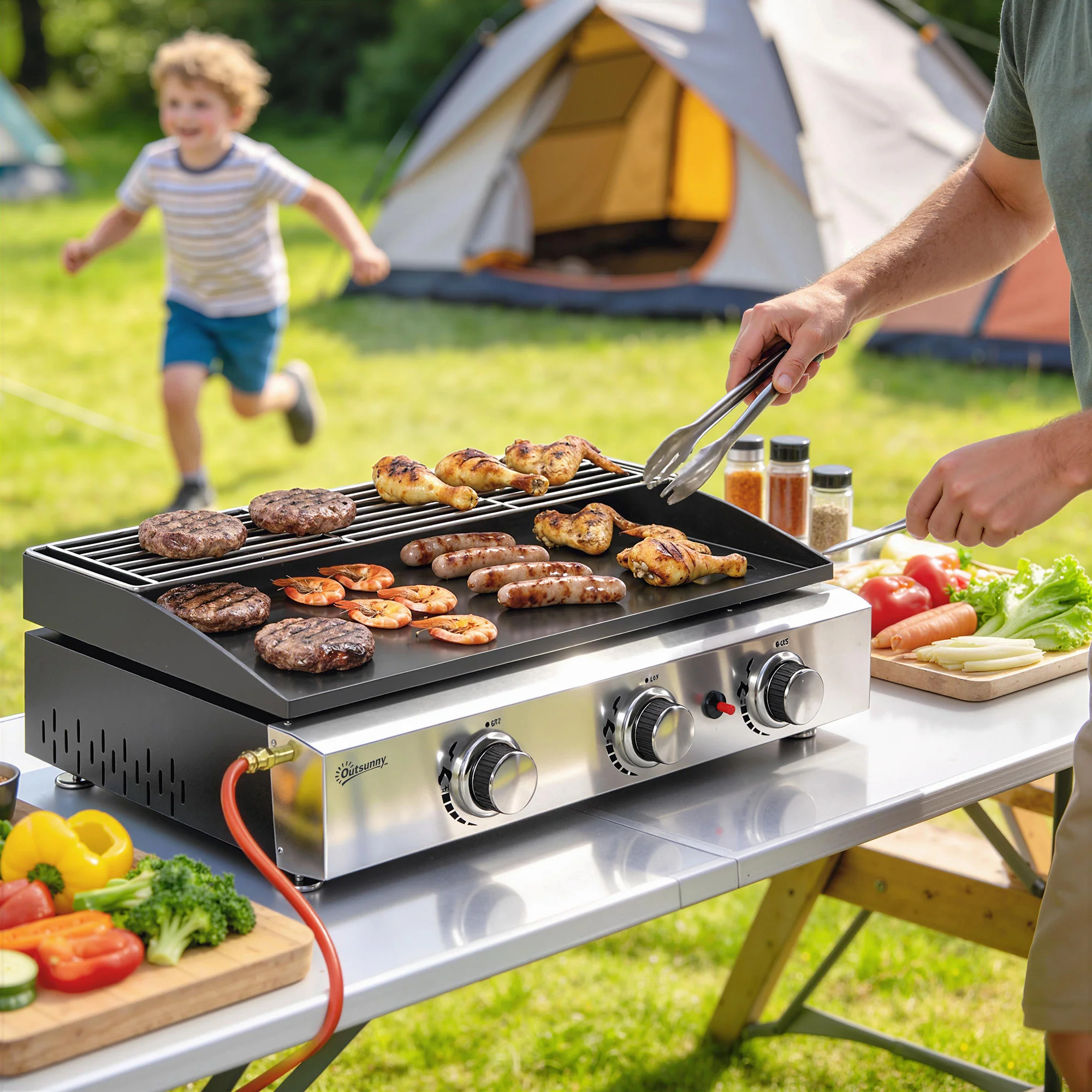 3 Burner Gas Plancha Grill with Warming Rack, 7.5 kW, Black - Image 4