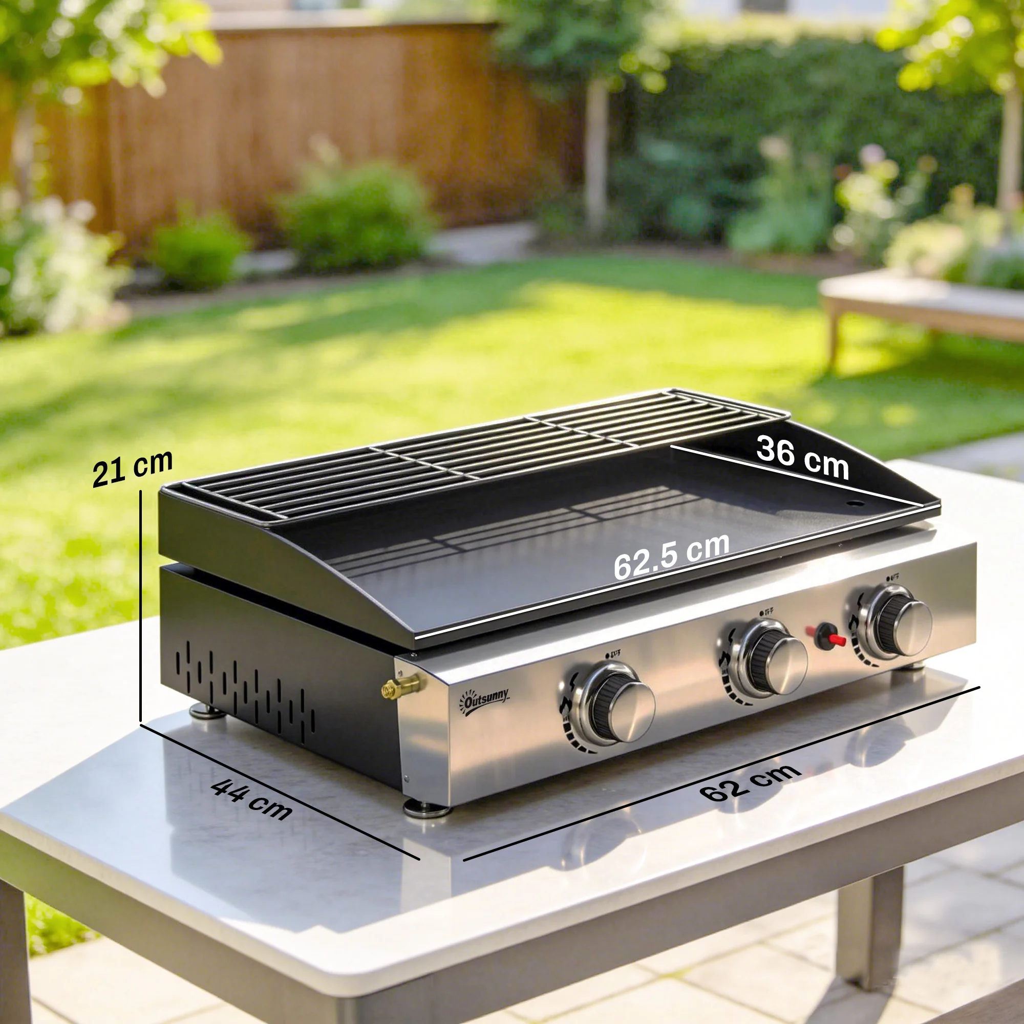 3 Burner Gas Plancha Grill with Warming Rack, 7.5 kW, Black - Image 5