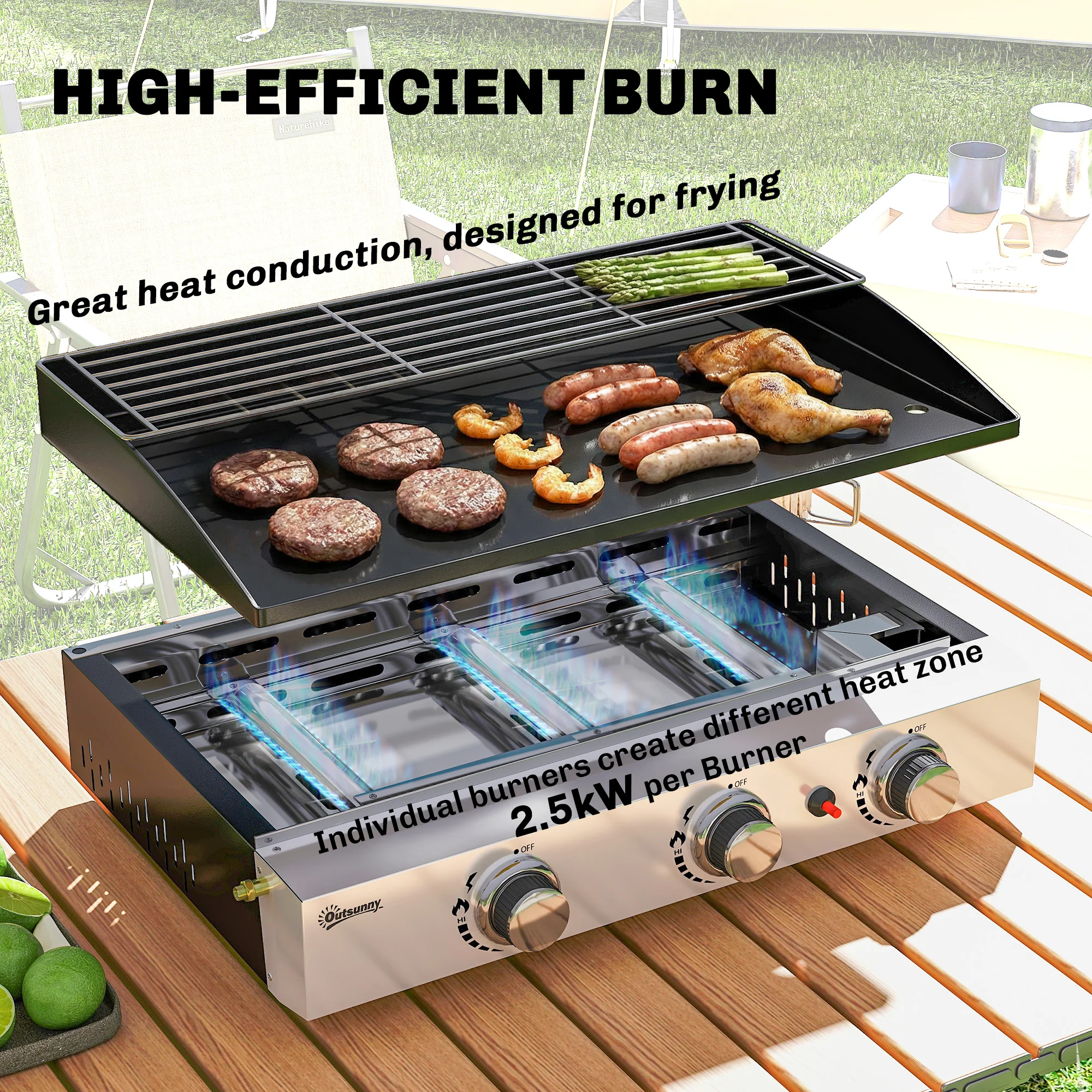 3 Burner Gas Plancha Grill with Warming Rack, 7.5 kW, Black - Image 6