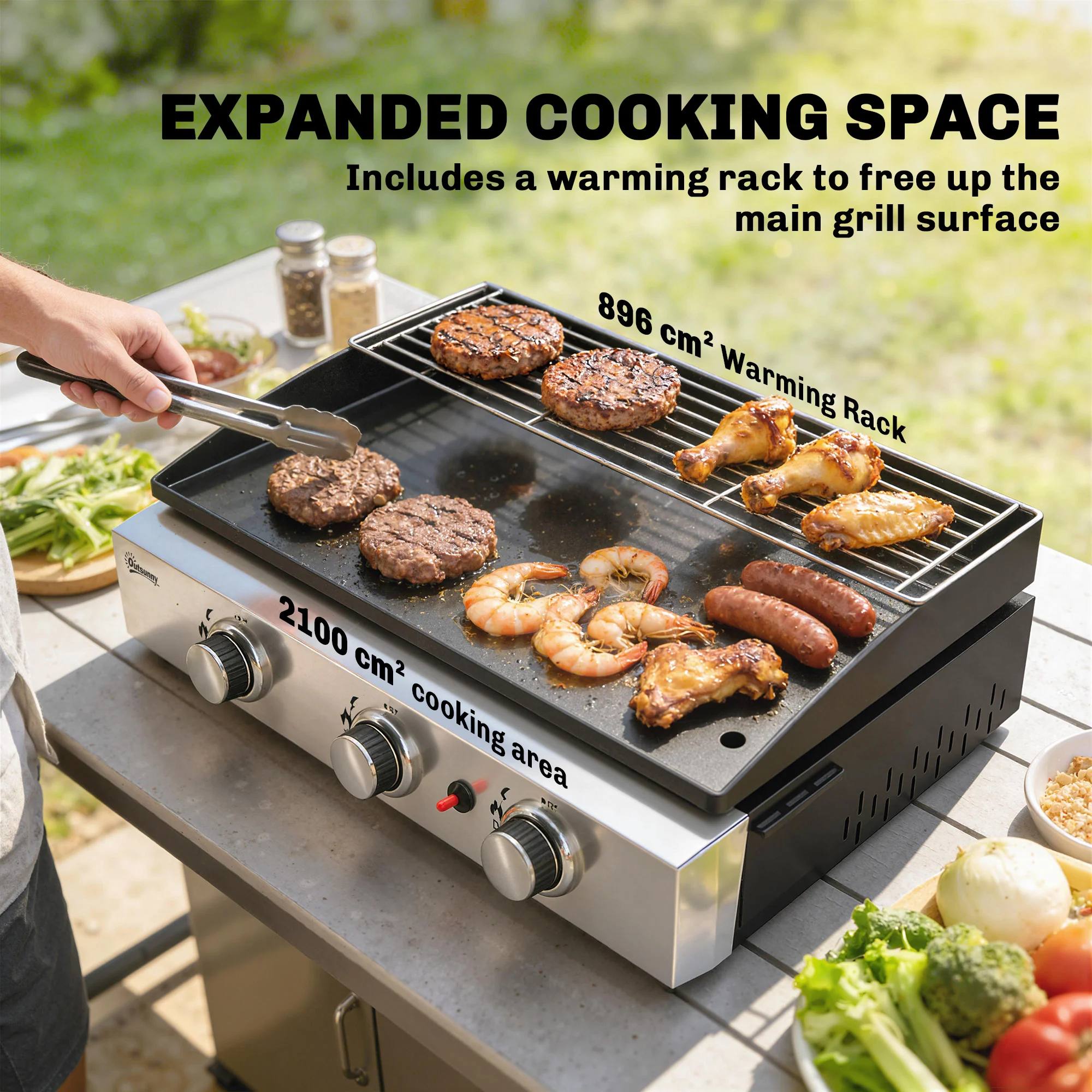 3 Burner Gas Plancha Grill with Warming Rack, 7.5 kW, Black - Image 7