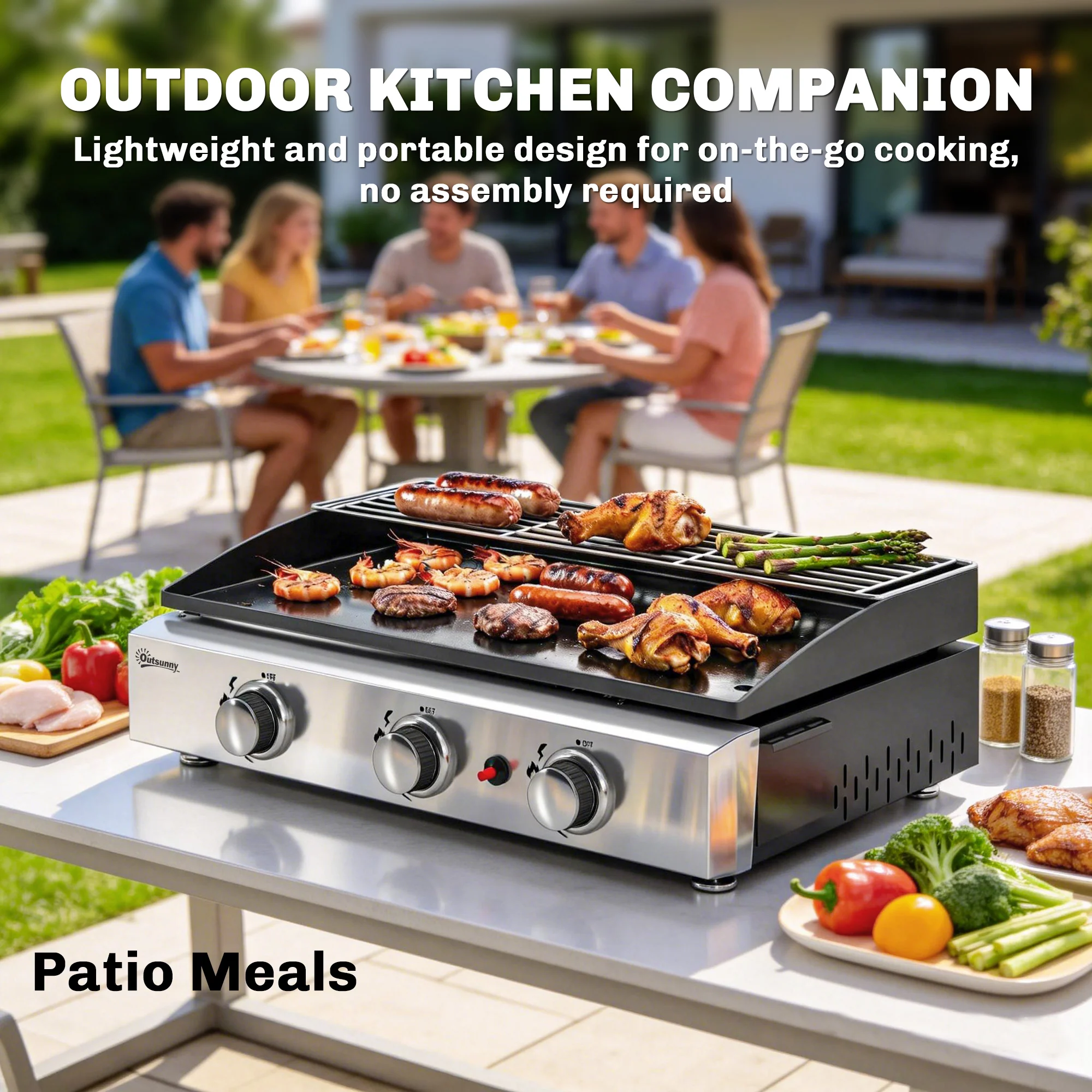3 Burner Gas Plancha Grill with Warming Rack, 7.5 kW, Black - Image 9