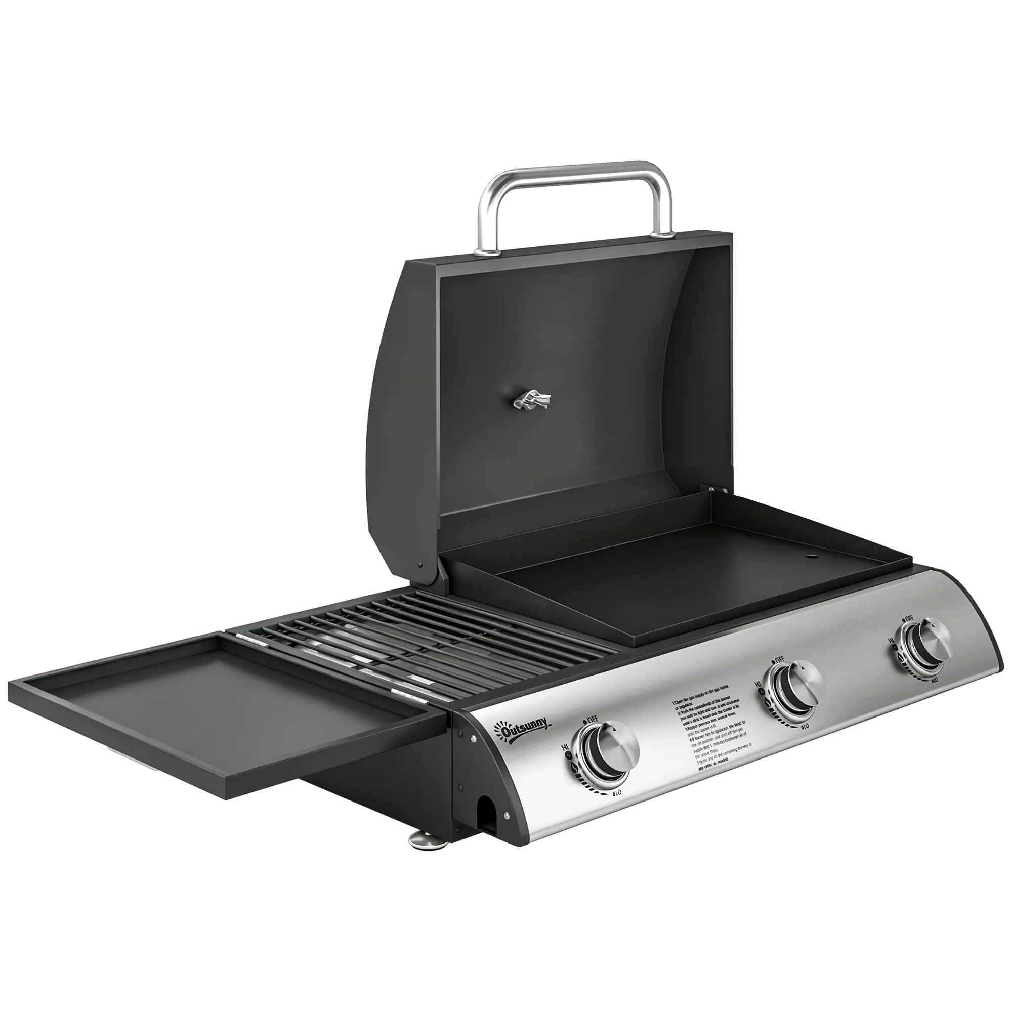 3-Burner Portable Gas Plancha Grill 8.1 kW with Griddle & Side Shelf, Black - Image 12