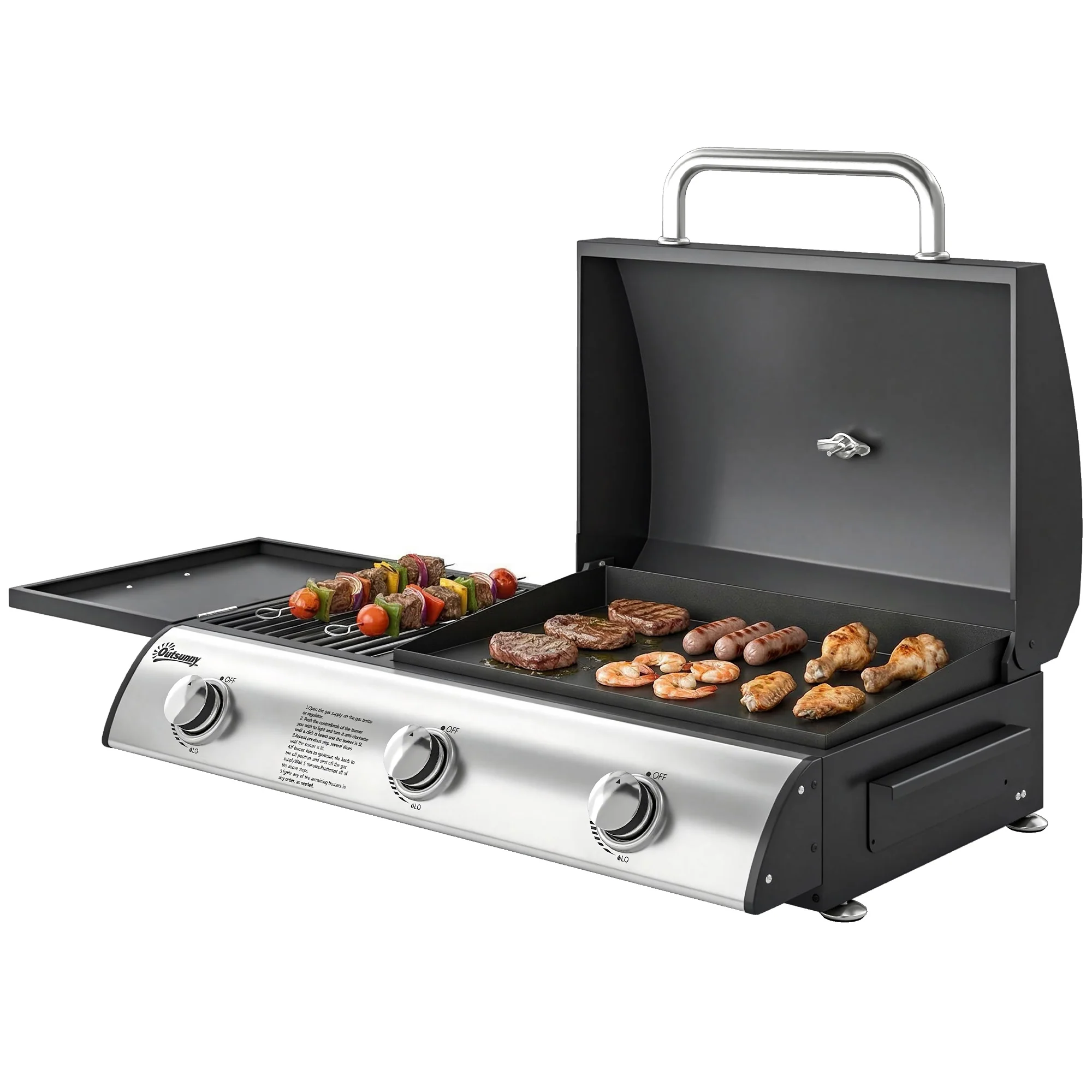 3-Burner Portable Gas Plancha Grill 8.1 kW with Griddle & Side Shelf, Black - Image 2