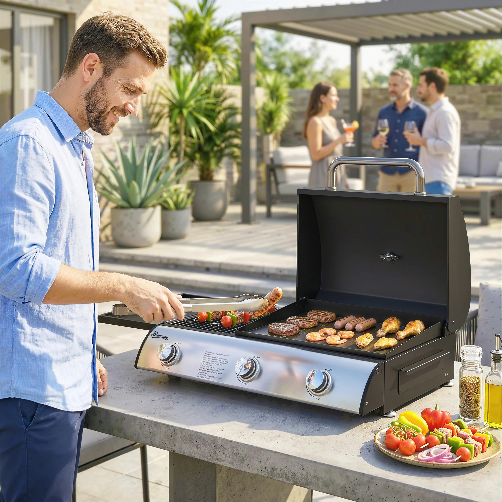 3-Burner Portable Gas Plancha Grill 8.1 kW with Griddle & Side Shelf, Black - Image 3