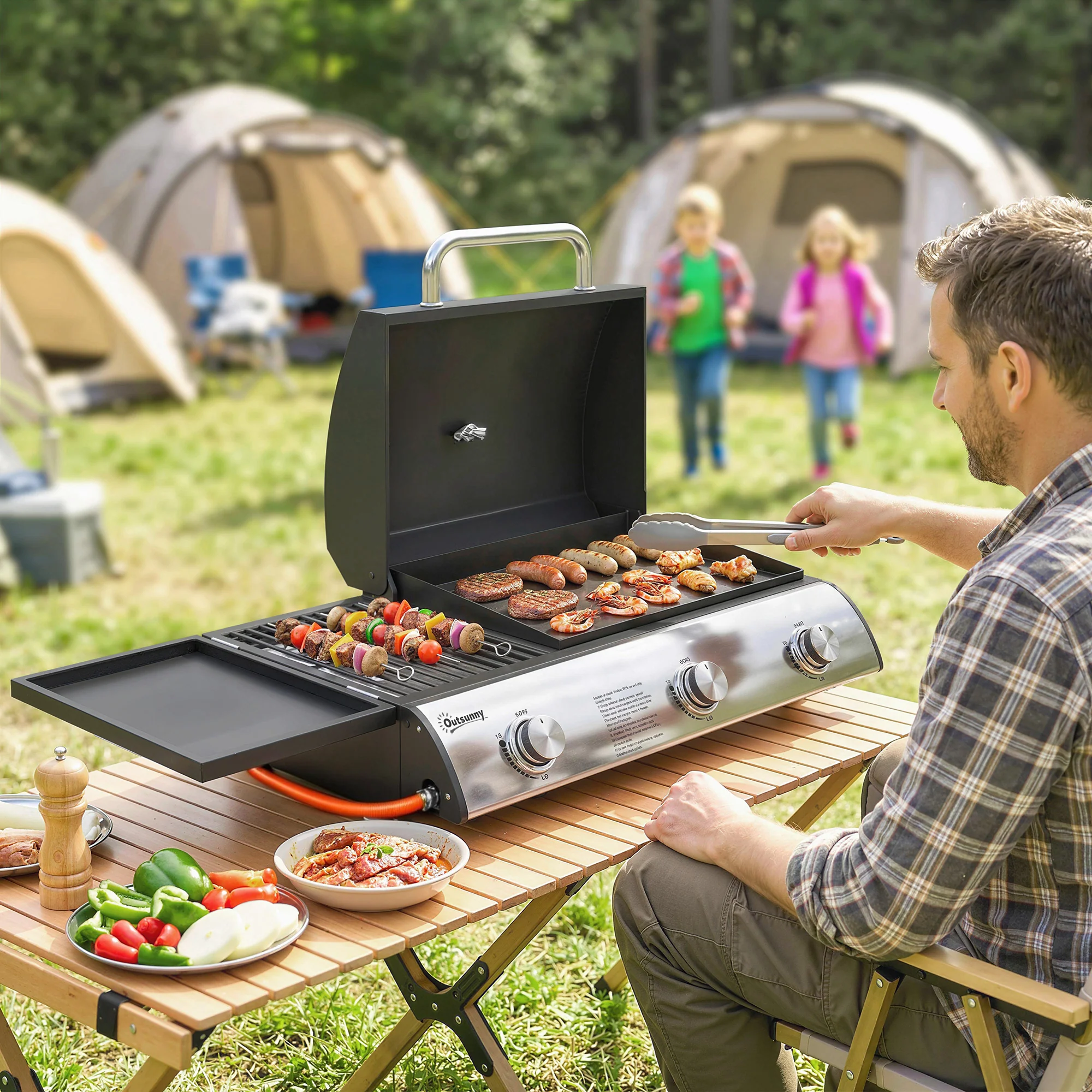 3-Burner Portable Gas Plancha Grill 8.1 kW with Griddle & Side Shelf, Black - Image 4