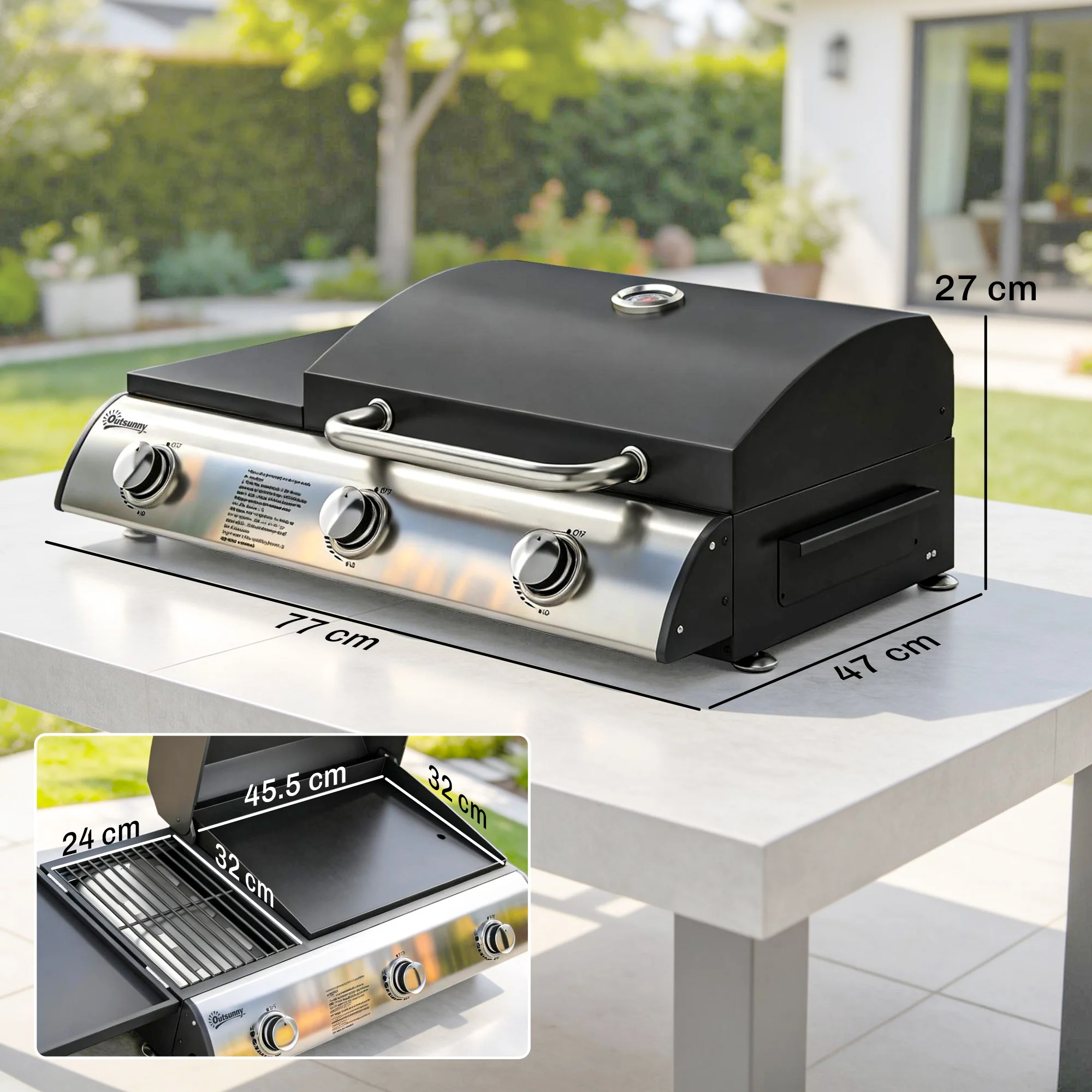 3-Burner Portable Gas Plancha Grill 8.1 kW with Griddle & Side Shelf, Black - Image 5