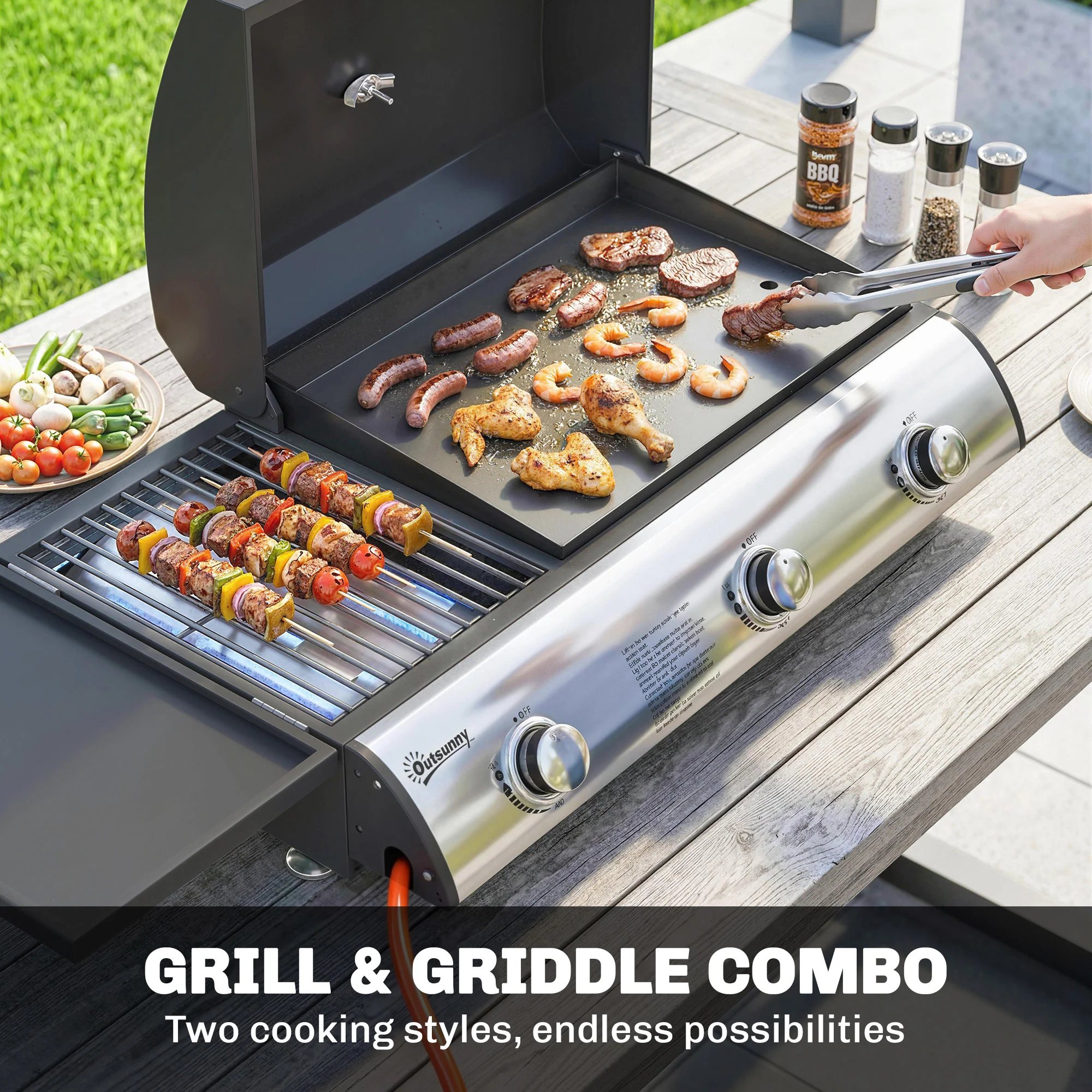 3-Burner Portable Gas Plancha Grill 8.1 kW with Griddle & Side Shelf, Black - Image 6