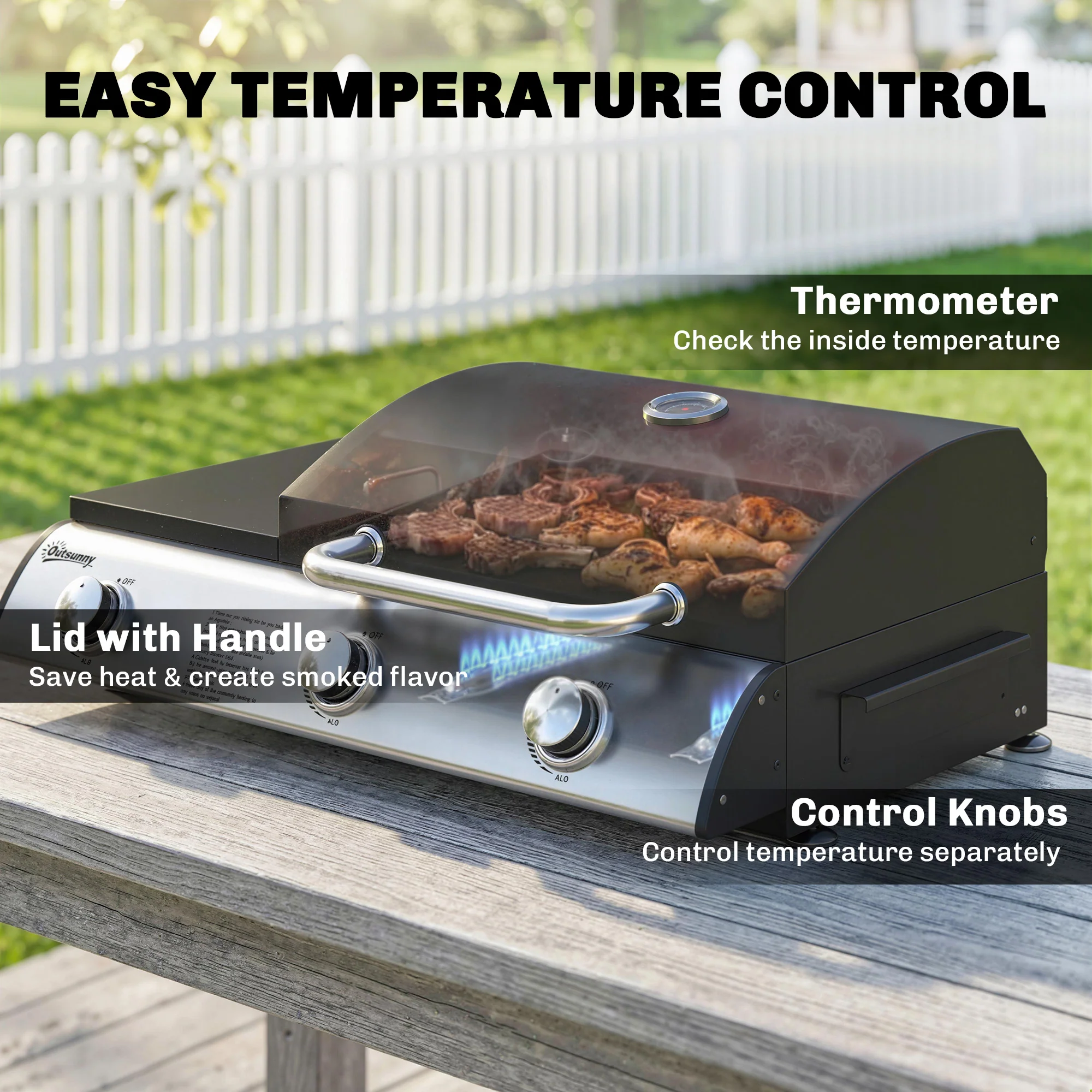 3-Burner Portable Gas Plancha Grill 8.1 kW with Griddle & Side Shelf, Black - Image 8