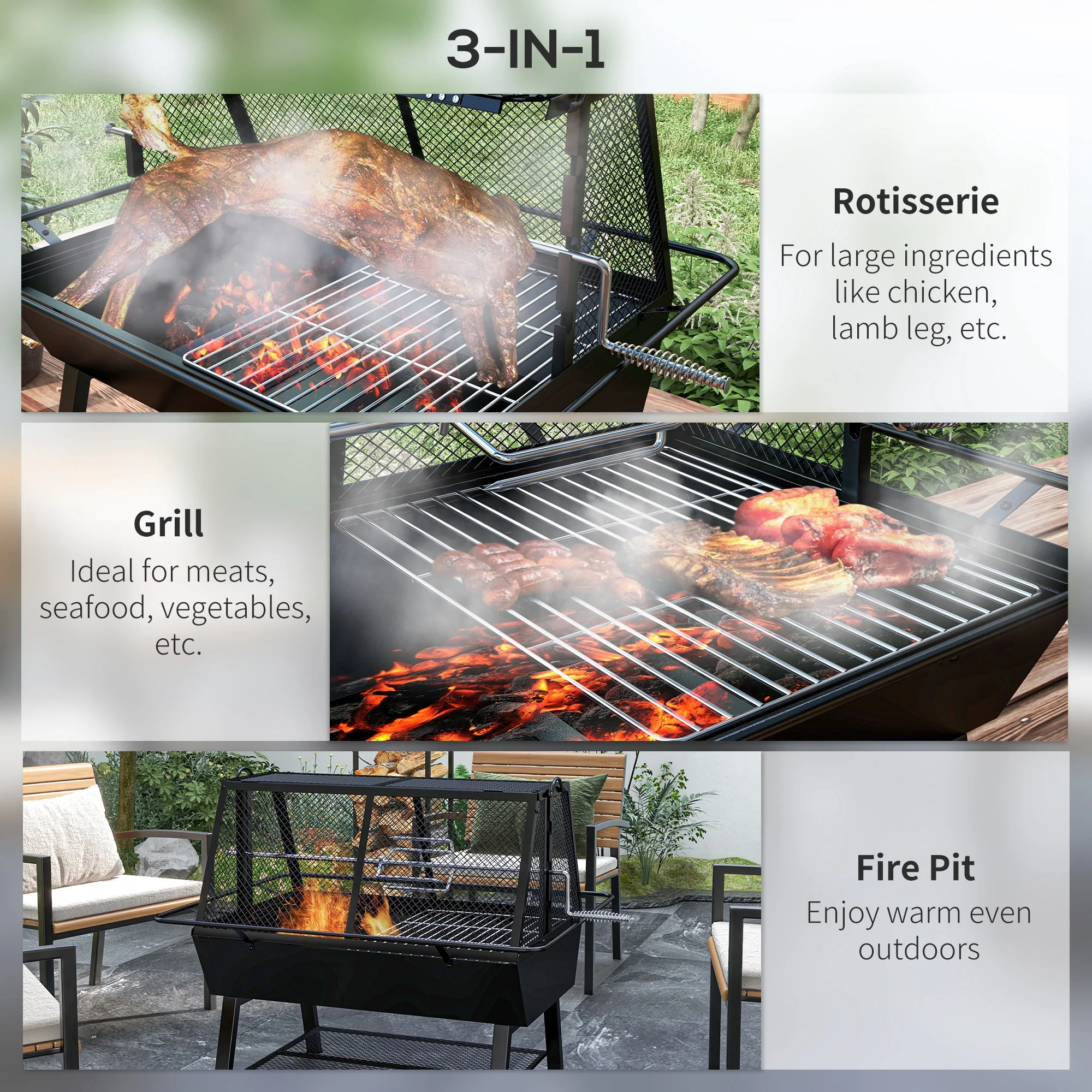 3-in-1 BBQ Grill, Rotisserie Roaster and Fire Pit, with Cover for Picnic Camping - Image 6