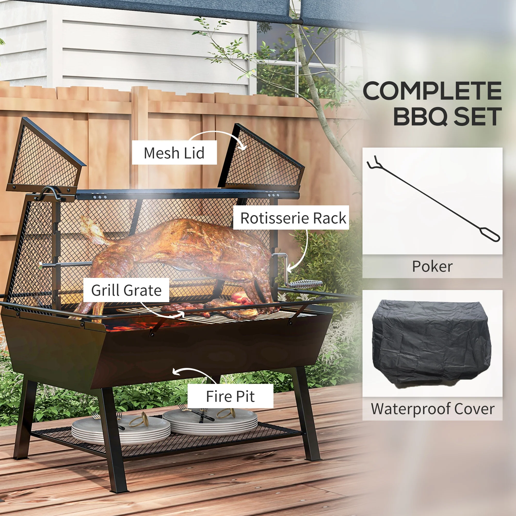 3-in-1 BBQ Grill, Rotisserie Roaster and Fire Pit, with Cover for Picnic Camping - Image 9