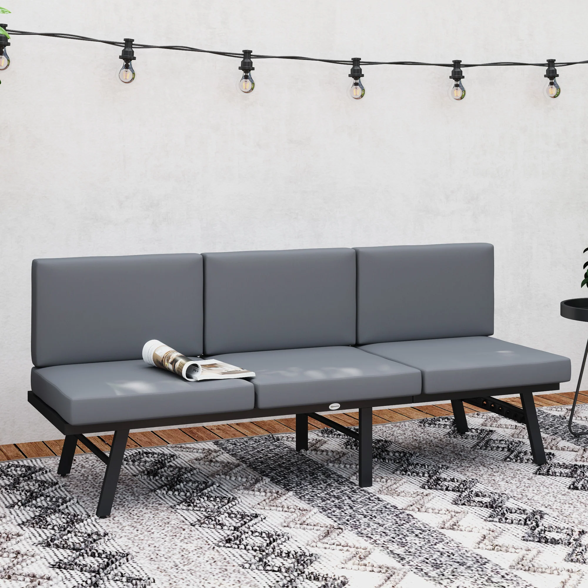 3-Seater Outdoor Sofa, 3-in-1  Lounge Chair with 5-Position Adjustable Back, Grey - Image 4