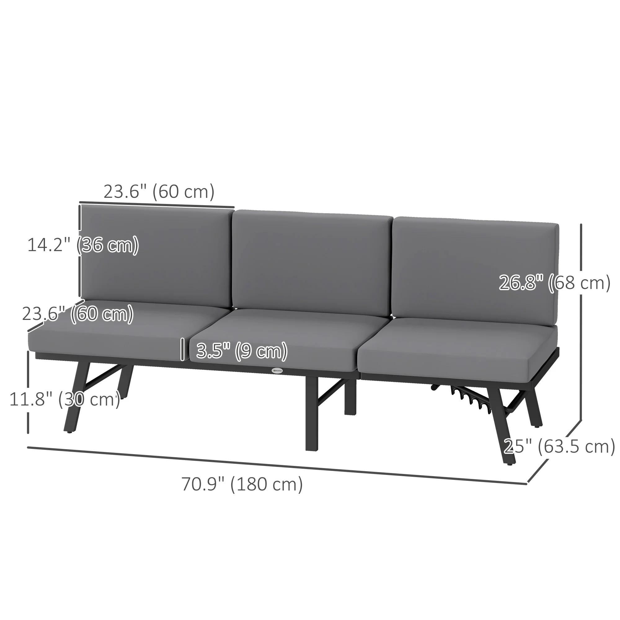 3-Seater Outdoor Sofa, 3-in-1  Lounge Chair with 5-Position Adjustable Back, Grey - Image 5