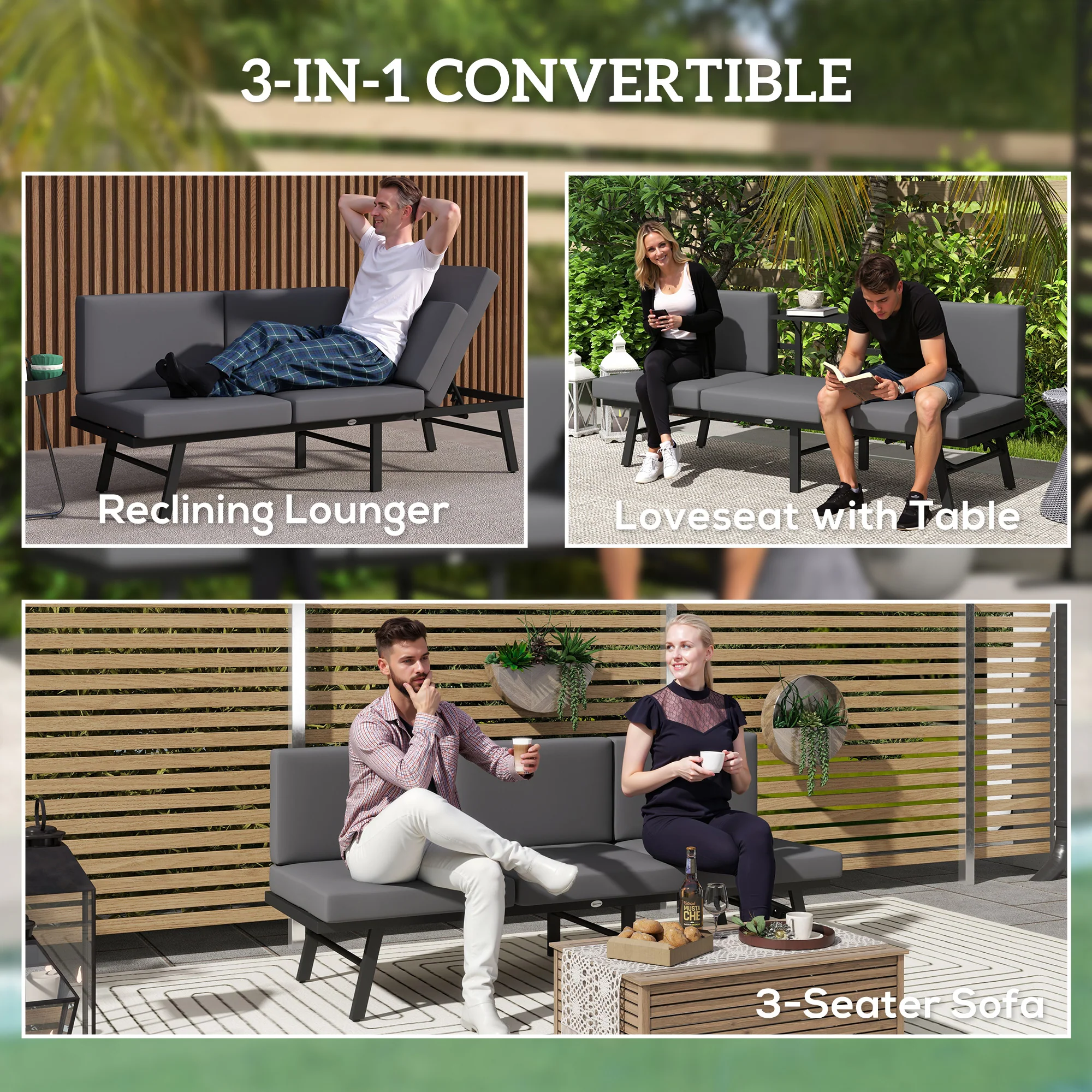 3-Seater Outdoor Sofa, 3-in-1  Lounge Chair with 5-Position Adjustable Back, Grey - Image 6