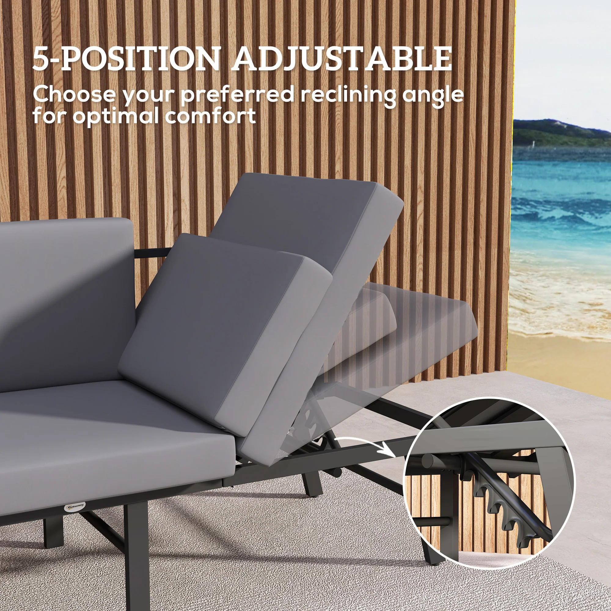 3-Seater Outdoor Sofa, 3-in-1  Lounge Chair with 5-Position Adjustable Back, Grey - Image 7