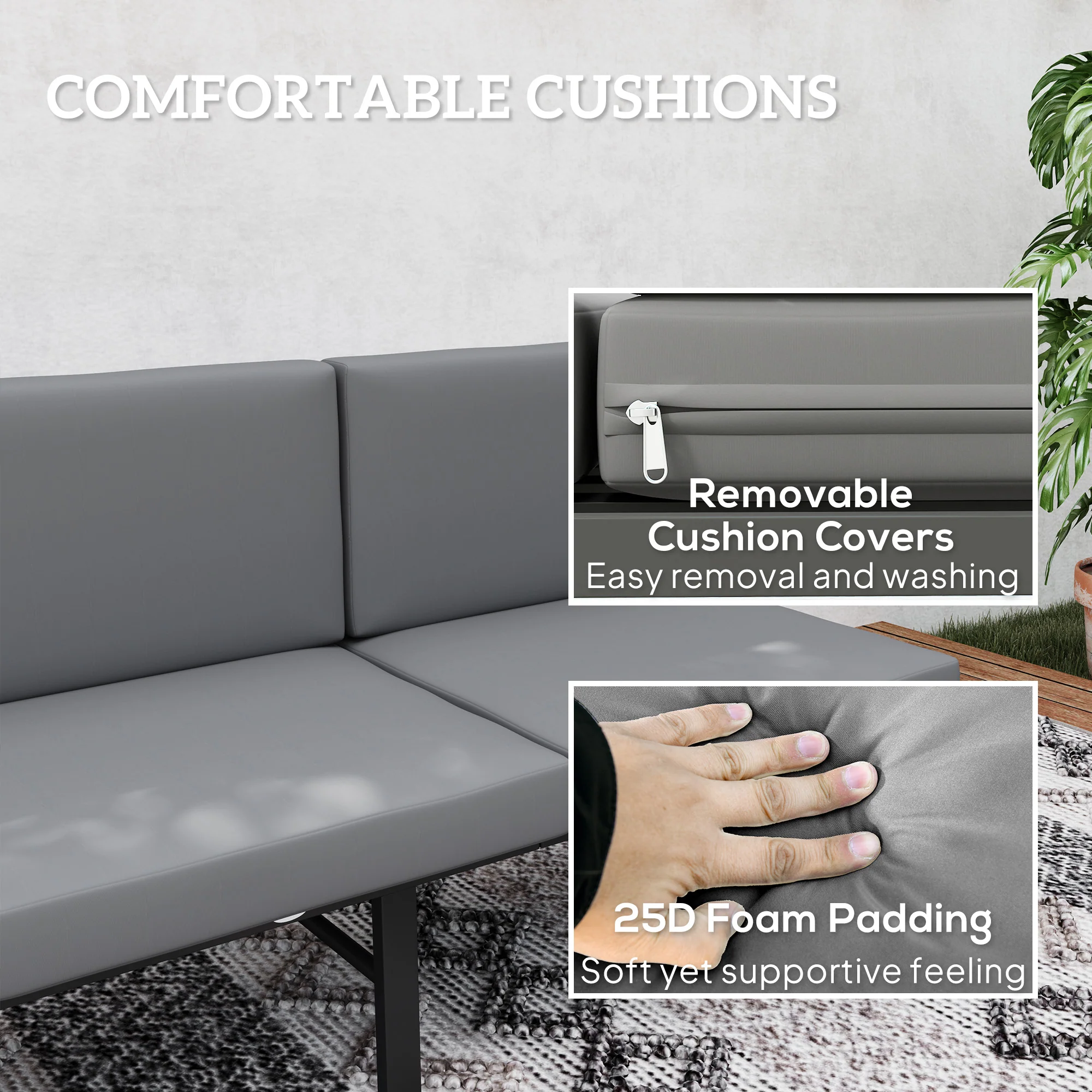 3-Seater Outdoor Sofa, 3-in-1  Lounge Chair with 5-Position Adjustable Back, Grey - Image 9