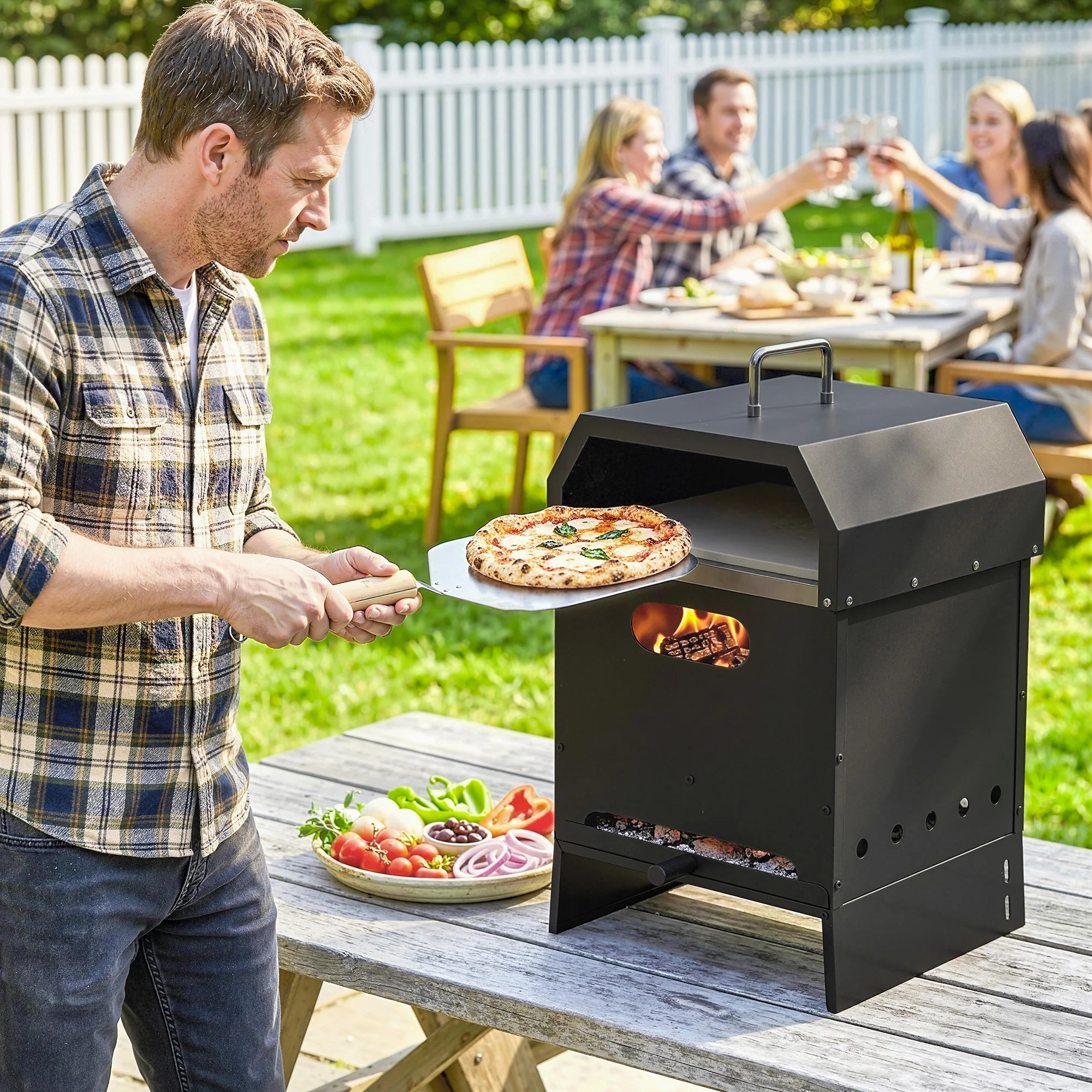 3-in-1 Wood-Fired Pizza Oven with Stone & Peel for Charcoal Grill, Black - Image 3