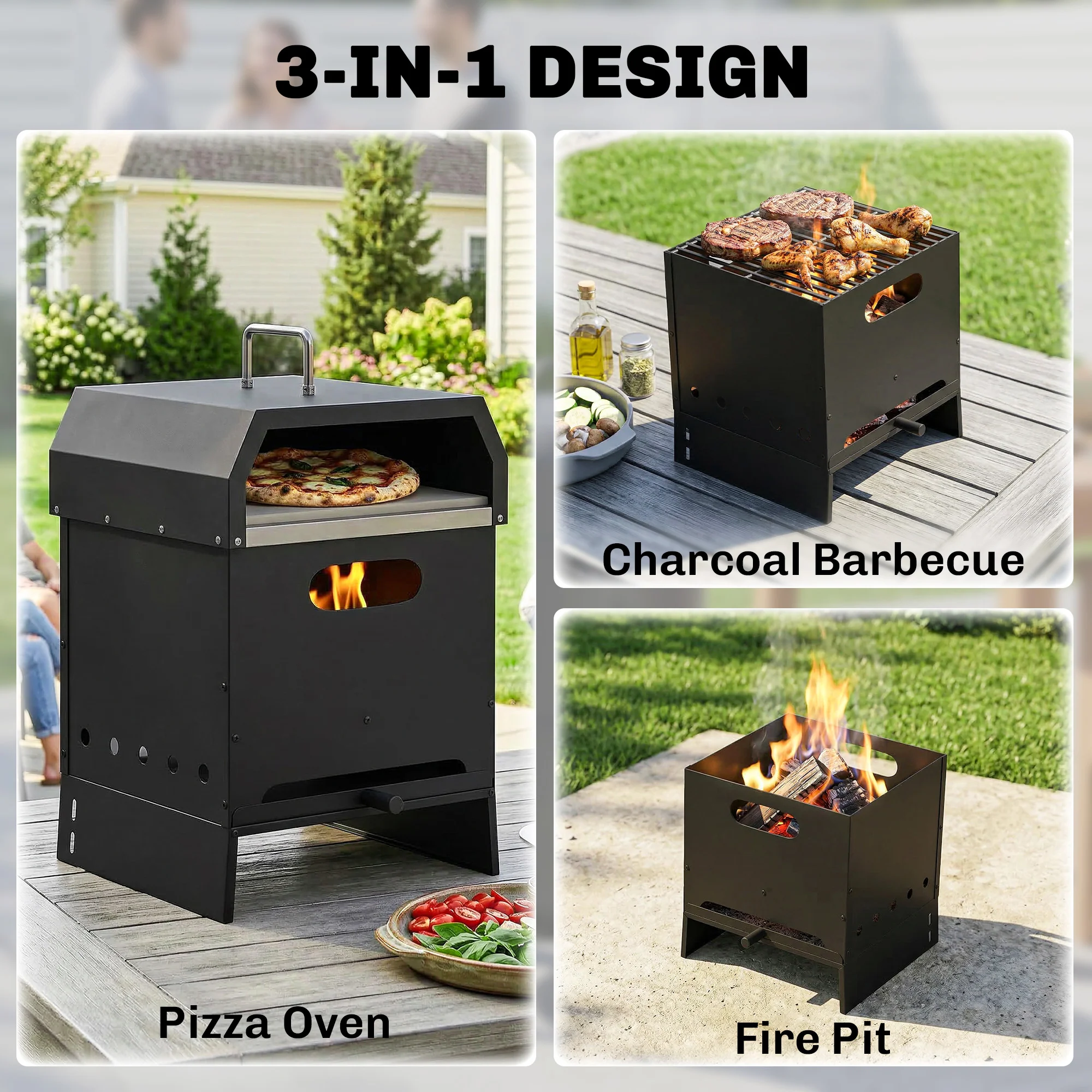 3-in-1 Wood-Fired Pizza Oven with Stone & Peel for Charcoal Grill, Black - Image 6