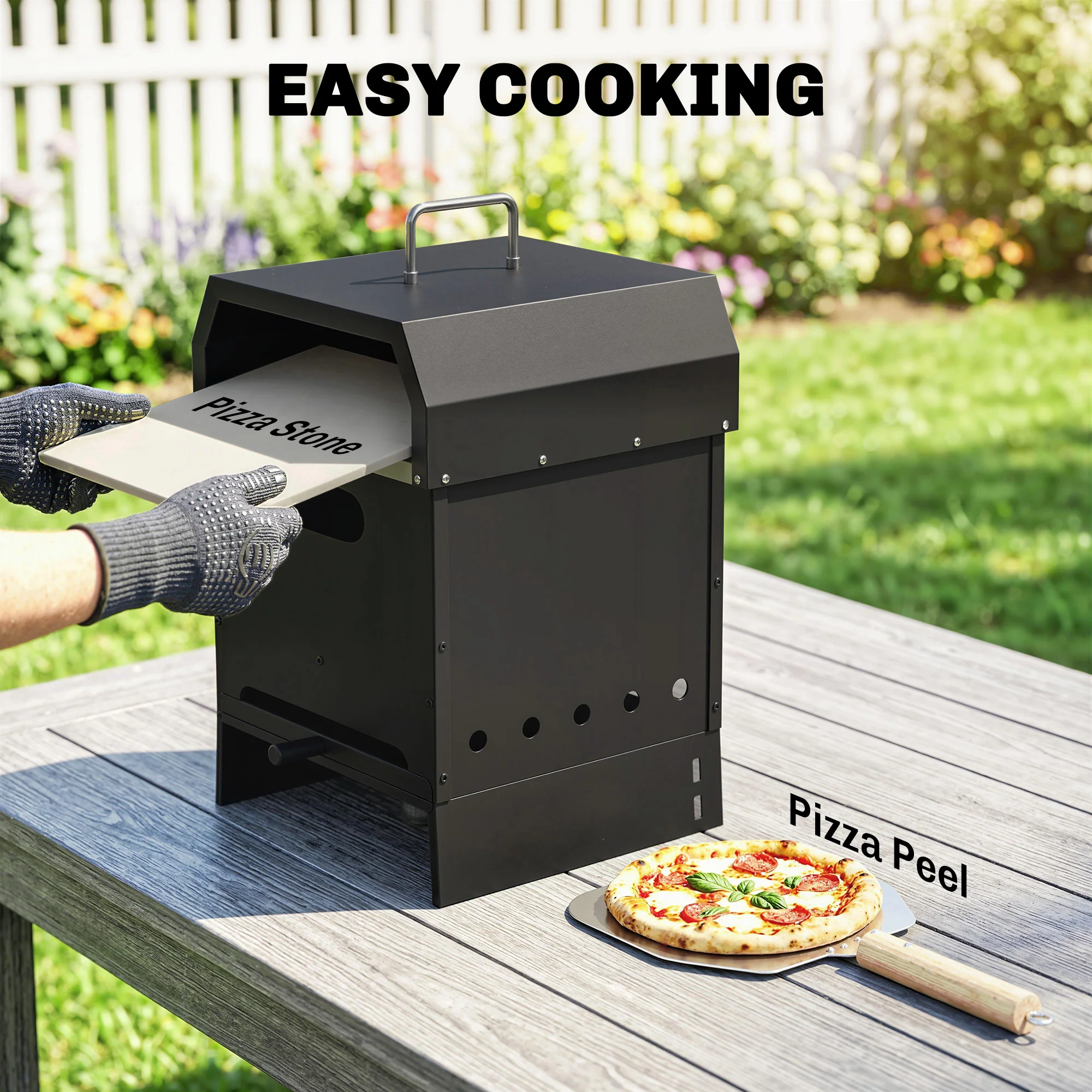 3-in-1 Wood-Fired Pizza Oven with Stone & Peel for Charcoal Grill, Black - Image 8