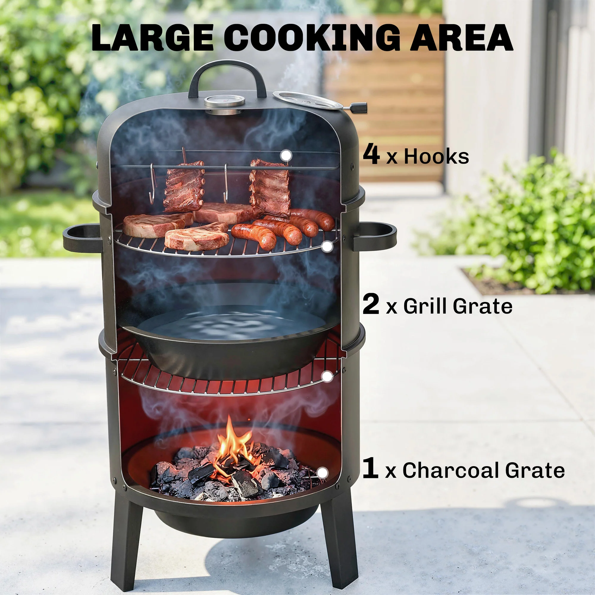 3-in-1 Vertical Charcoal Smoker with 2 Grill Grates - Image 7