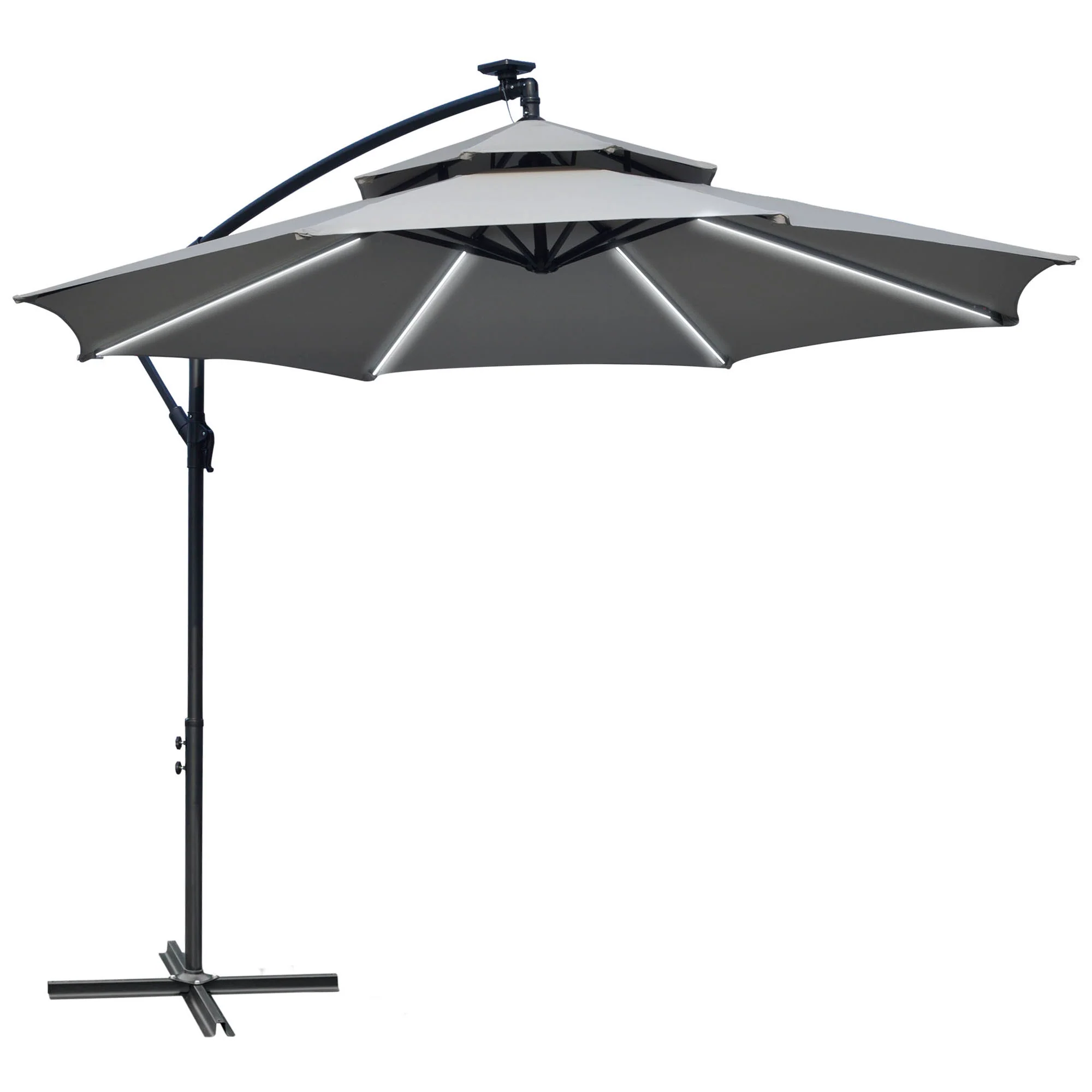 3m Cantilever Banana Parasol w/ LED Solar lights, Double Roof & Cross Base, Light Grey - Image 11