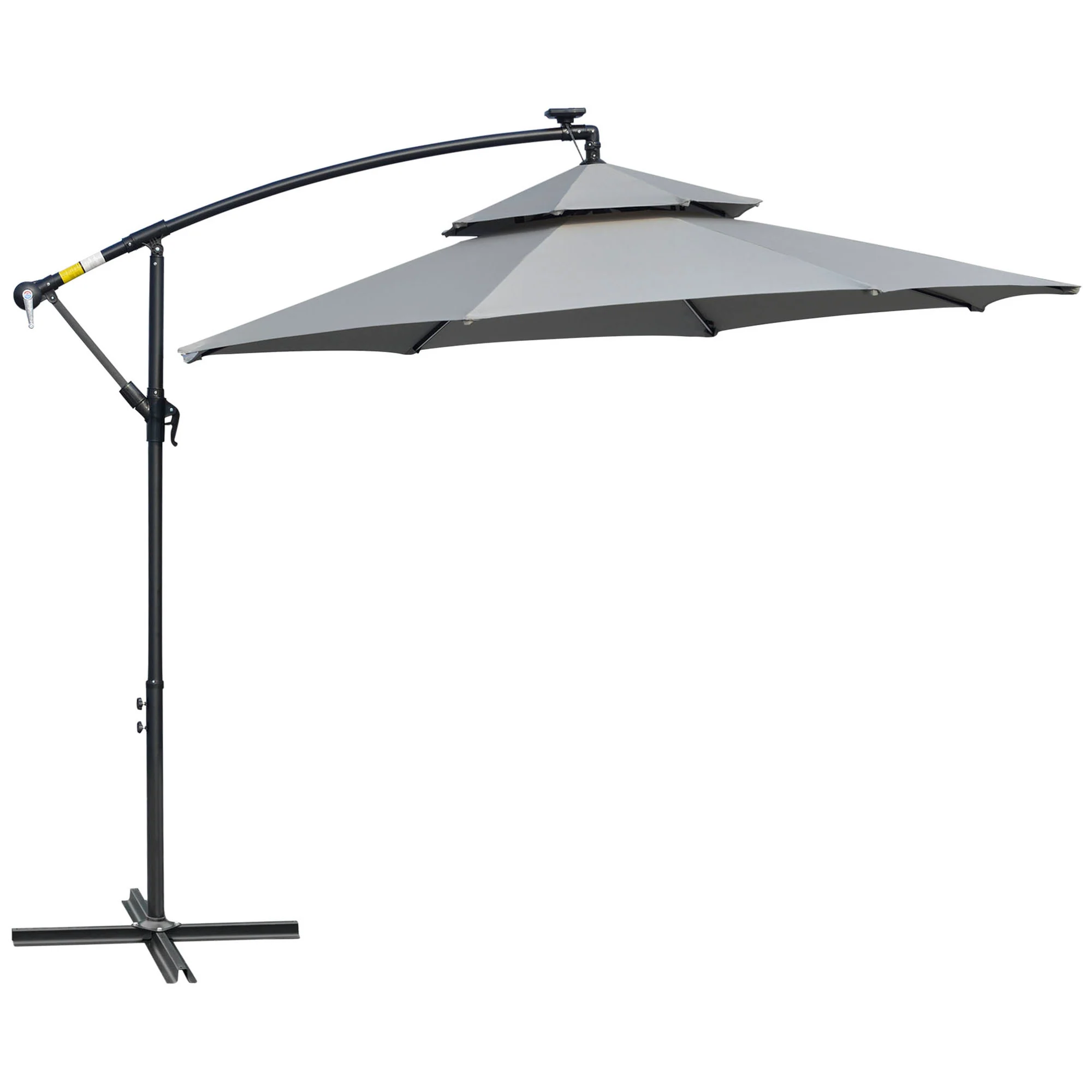 3m Cantilever Banana Parasol w/ LED Solar lights, Double Roof & Cross Base, Light Grey - Image 2