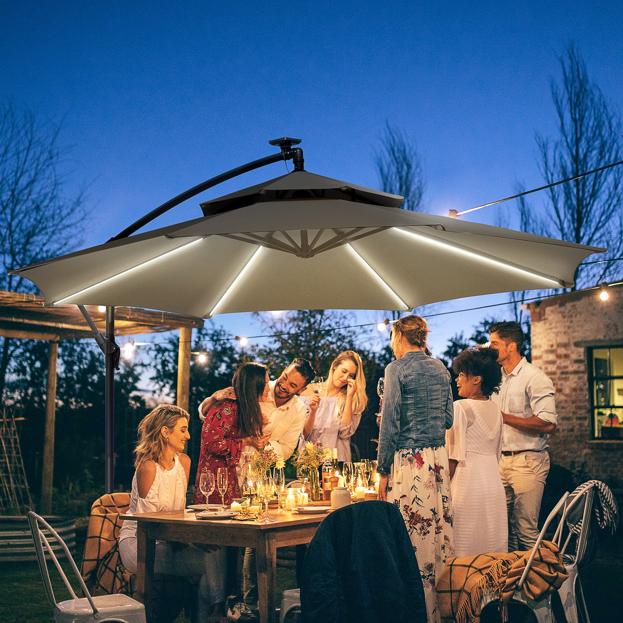 3m Cantilever Banana Parasol w/ LED Solar lights, Double Roof & Cross Base, Light Grey - Image 3