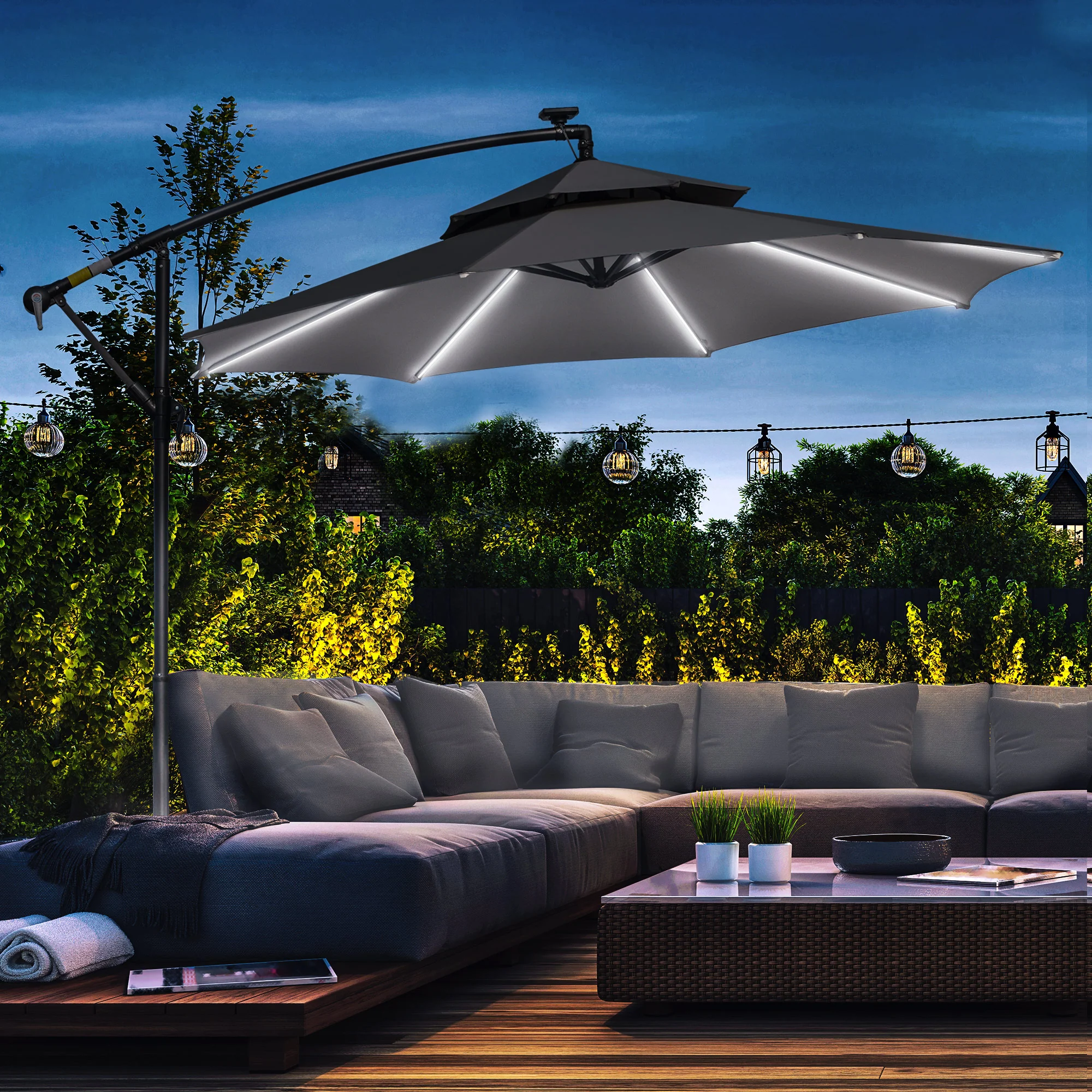 3m Cantilever Banana Parasol w/ LED Solar lights, Double Roof & Cross Base, Light Grey - Image 4