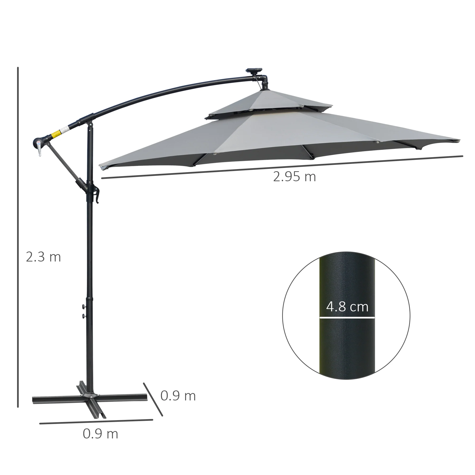 3m Cantilever Banana Parasol w/ LED Solar lights, Double Roof & Cross Base, Light Grey - Image 5