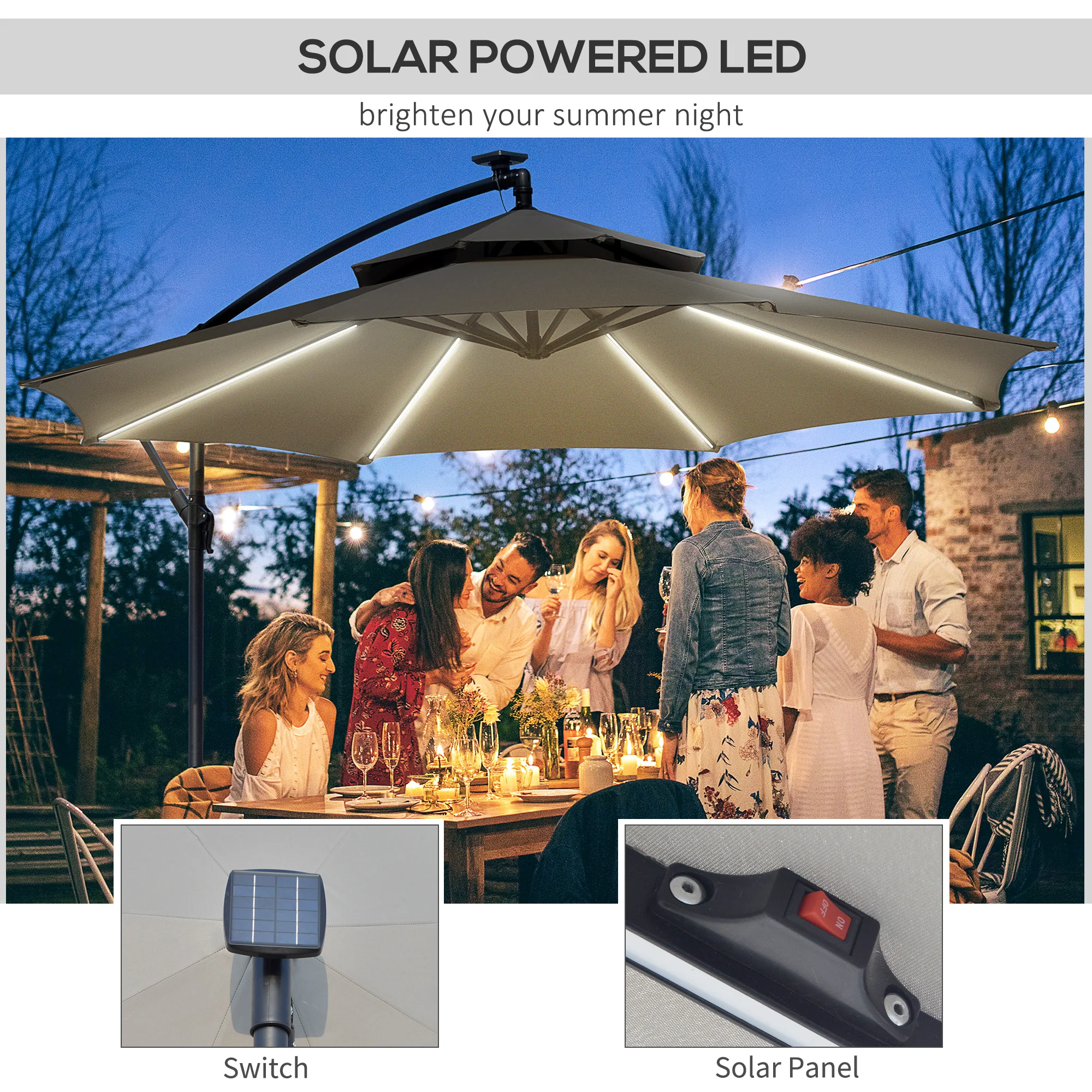 3m Cantilever Banana Parasol w/ LED Solar lights, Double Roof & Cross Base, Light Grey - Image 6