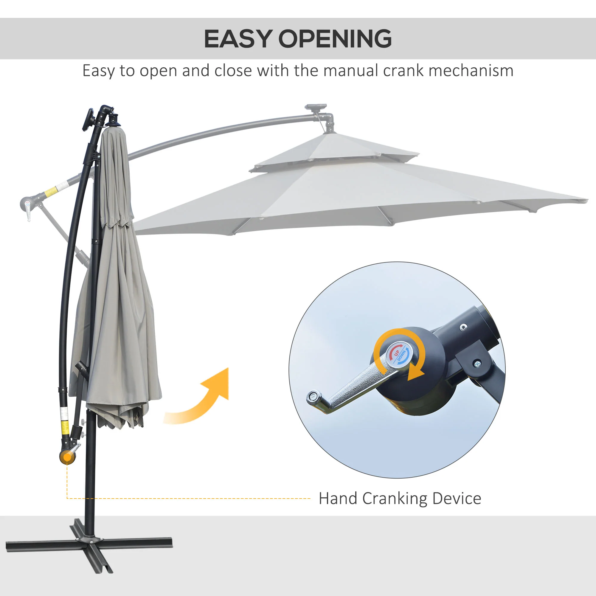 3m Cantilever Banana Parasol w/ LED Solar lights, Double Roof & Cross Base, Light Grey - Image 7