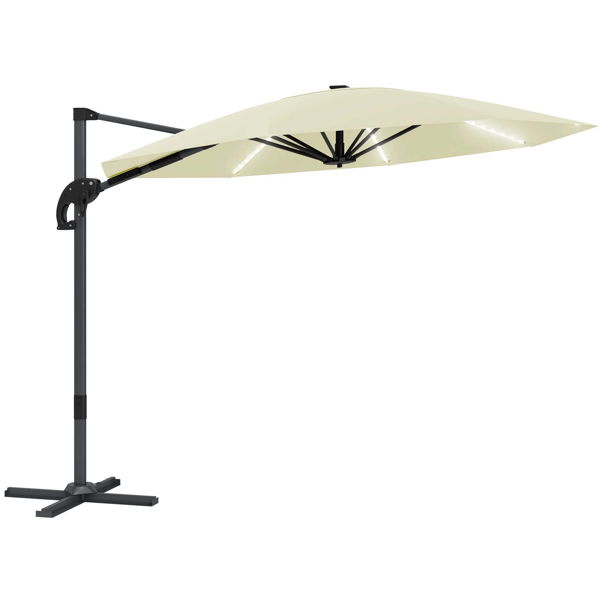 3m 360° Rotation Overhanging Parasol with Lights, Crank Handle & Cross Base, UPF 50+, Cream