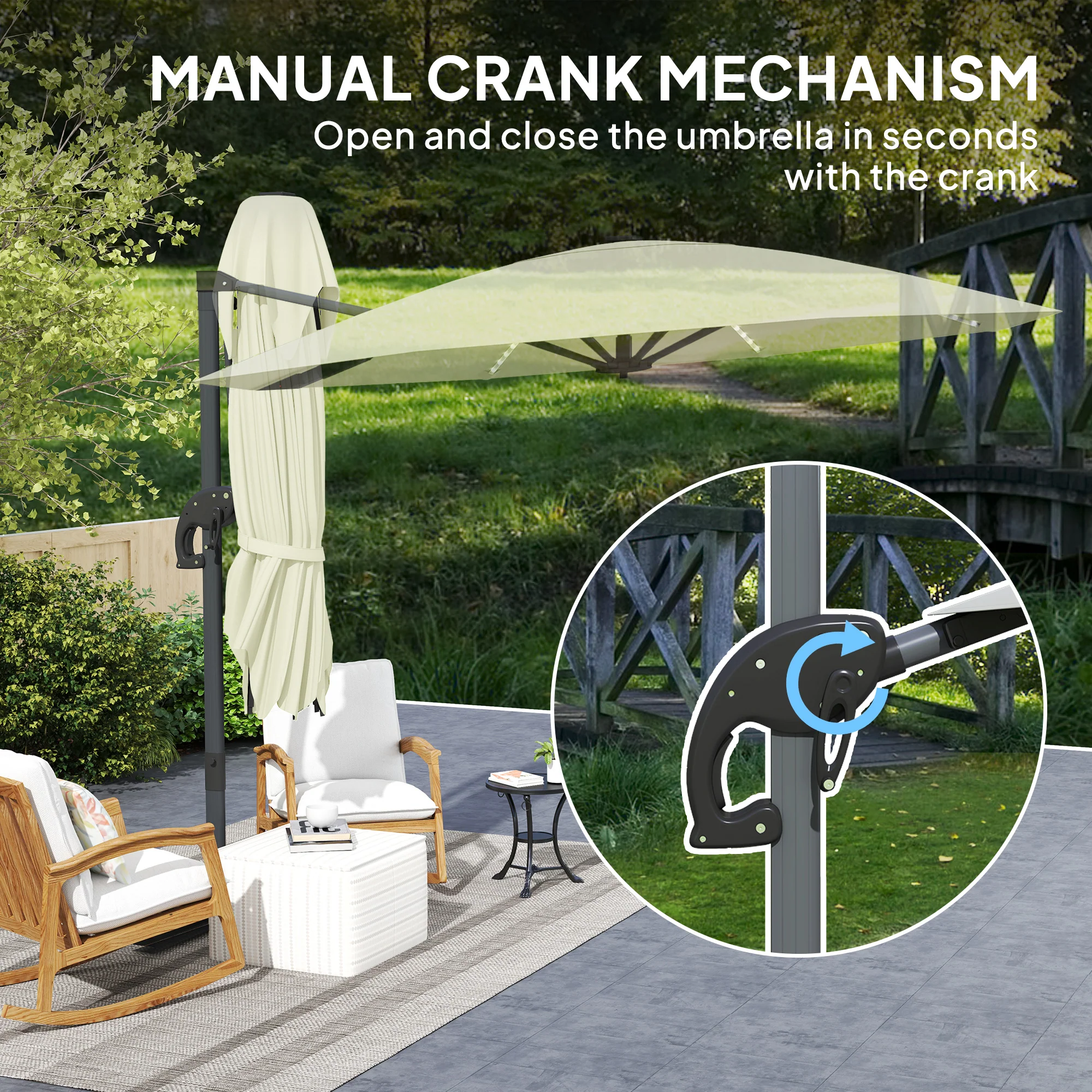3m 360° Rotation Overhanging Parasol with Lights, Crank Handle & Cross Base, UPF 50+, Cream - Image 10
