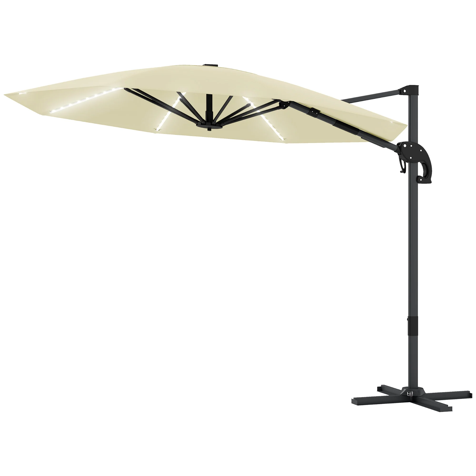 3m 360° Rotation Overhanging Parasol with Lights, Crank Handle & Cross Base, UPF 50+, Cream - Image 2