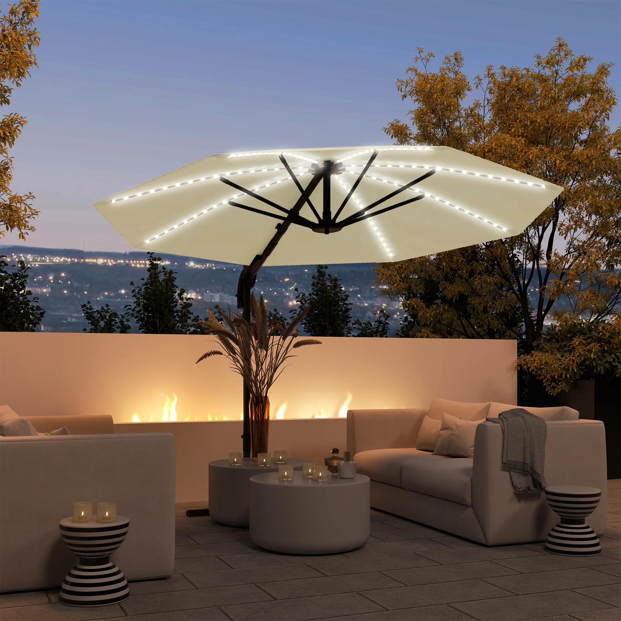 3m 360° Rotation Overhanging Parasol with Lights, Crank Handle & Cross Base, UPF 50+, Cream - Image 3