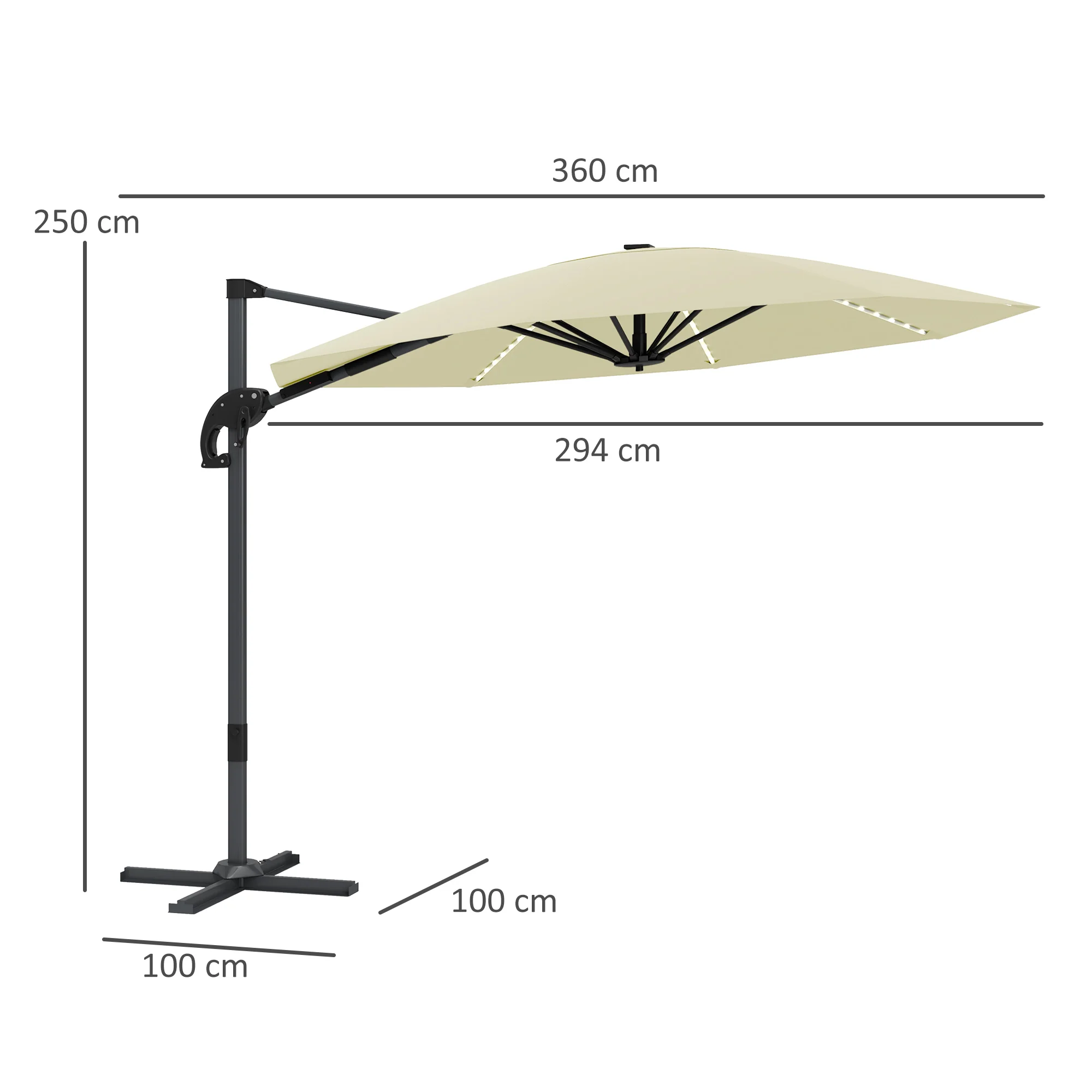 3m 360° Rotation Overhanging Parasol with Lights, Crank Handle & Cross Base, UPF 50+, Cream - Image 5